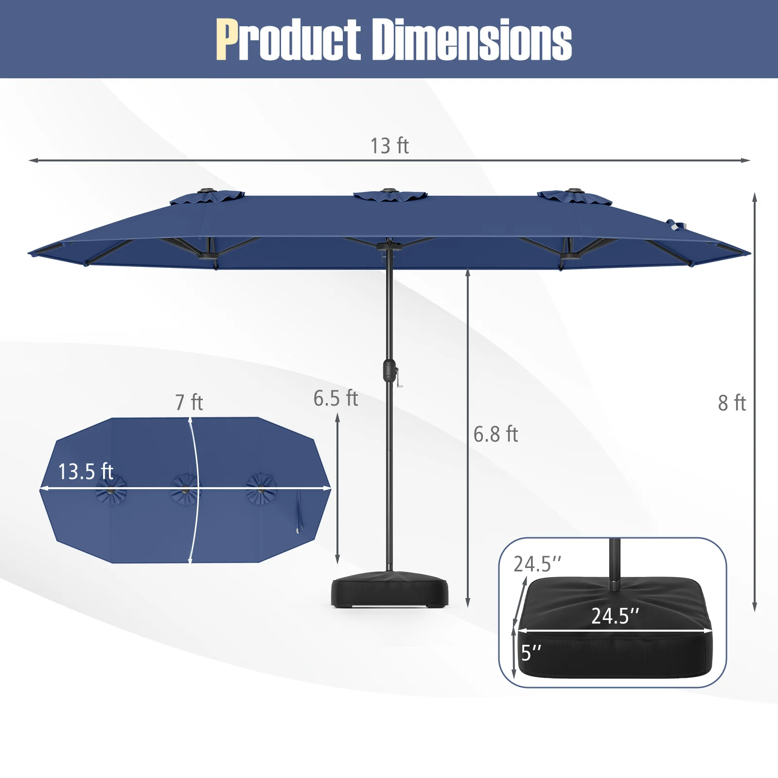 13 Ft Double-Sided Patio Twin Table Umbrella, Navy - Image 6