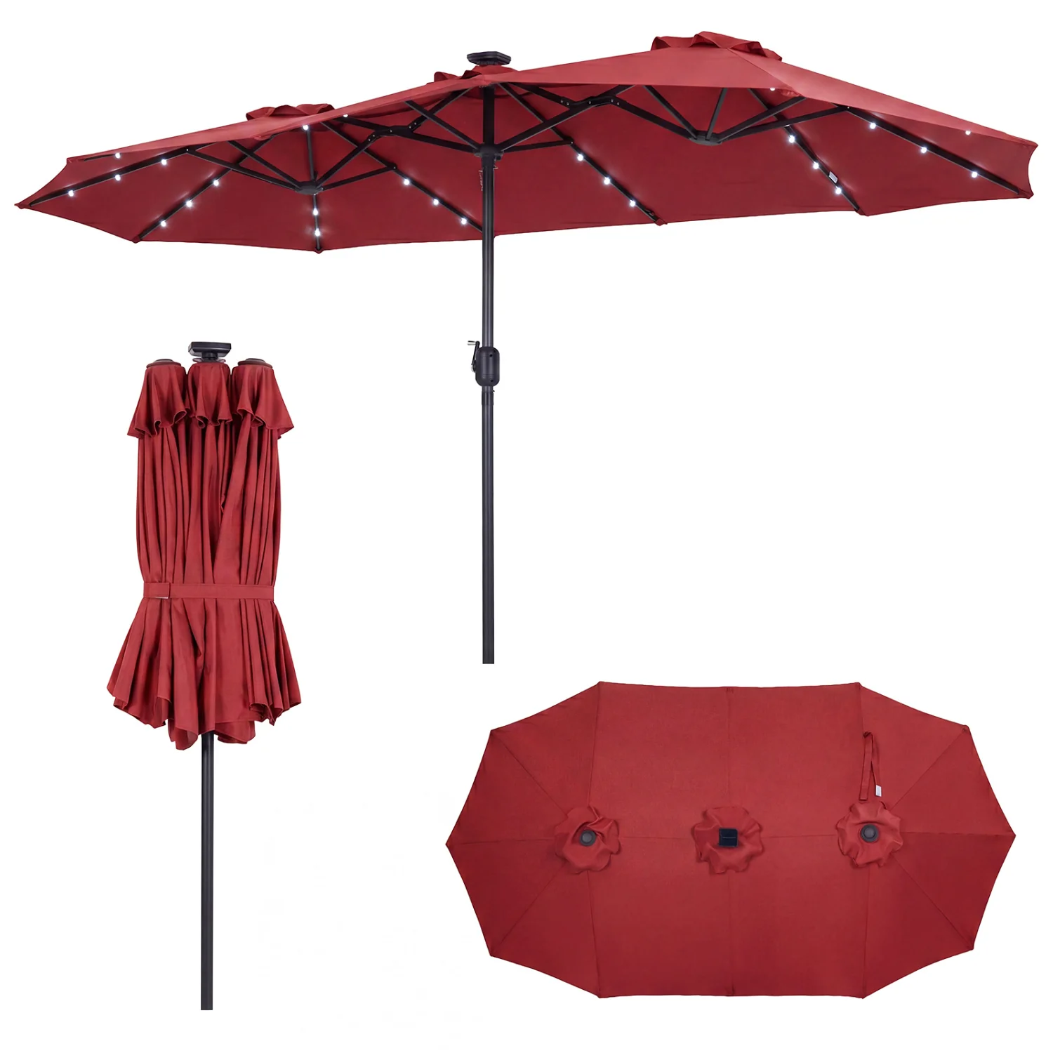 13 FT Double Sided Patio Umbrella, 36 LED Lights, Wine