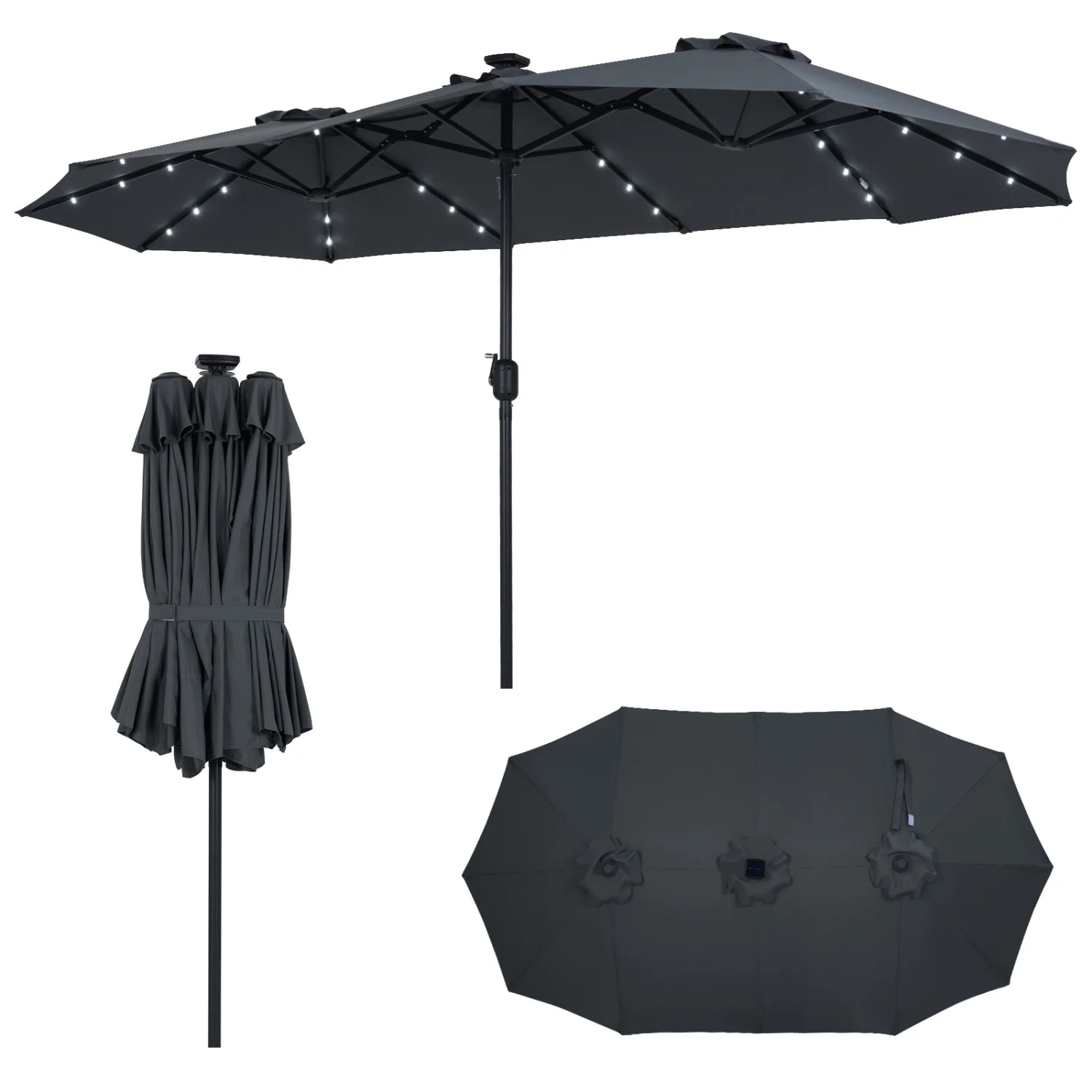 13 FT Double-Sided Patio Umbrella, 36 LED Lights, Gray