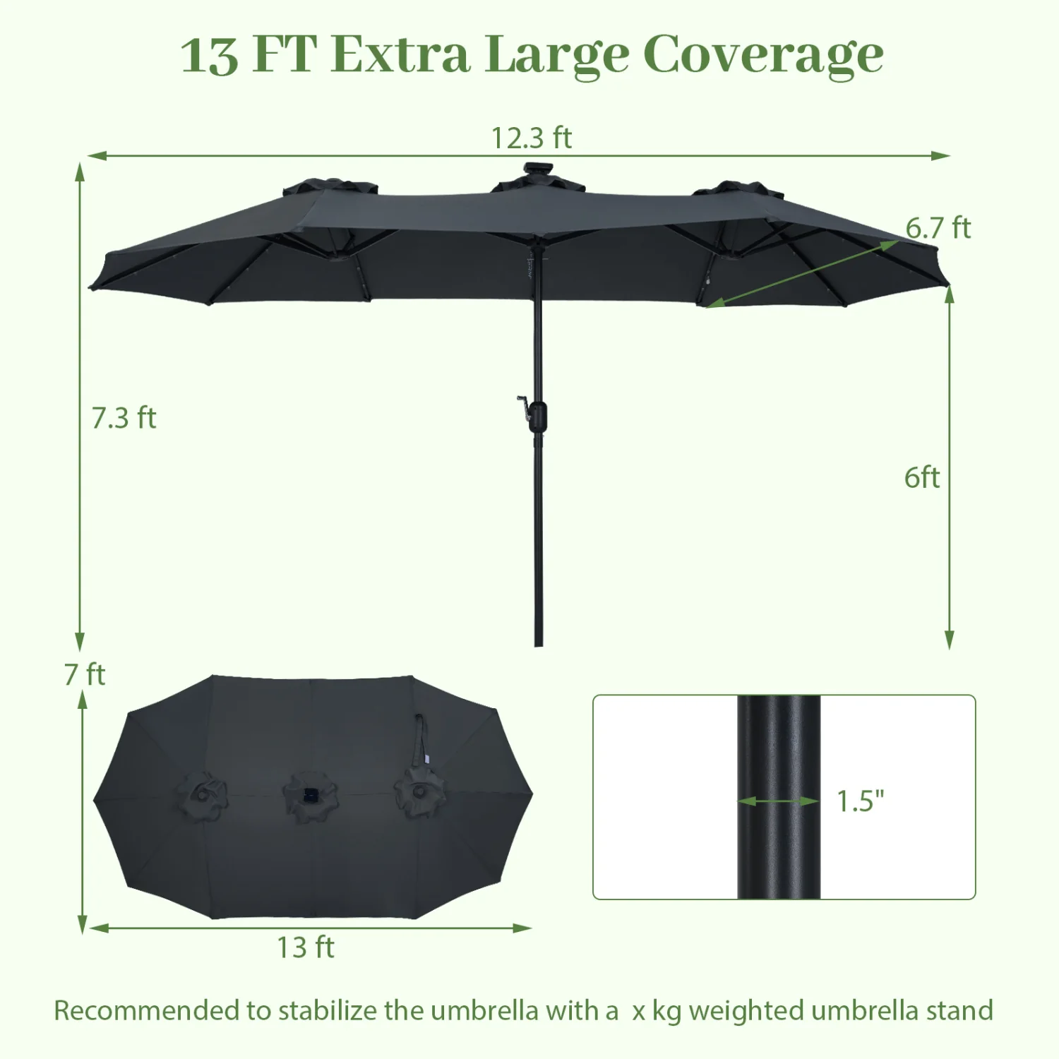 13 FT Double-Sided Patio Umbrella, 36 LED Lights, Gray - Image 5