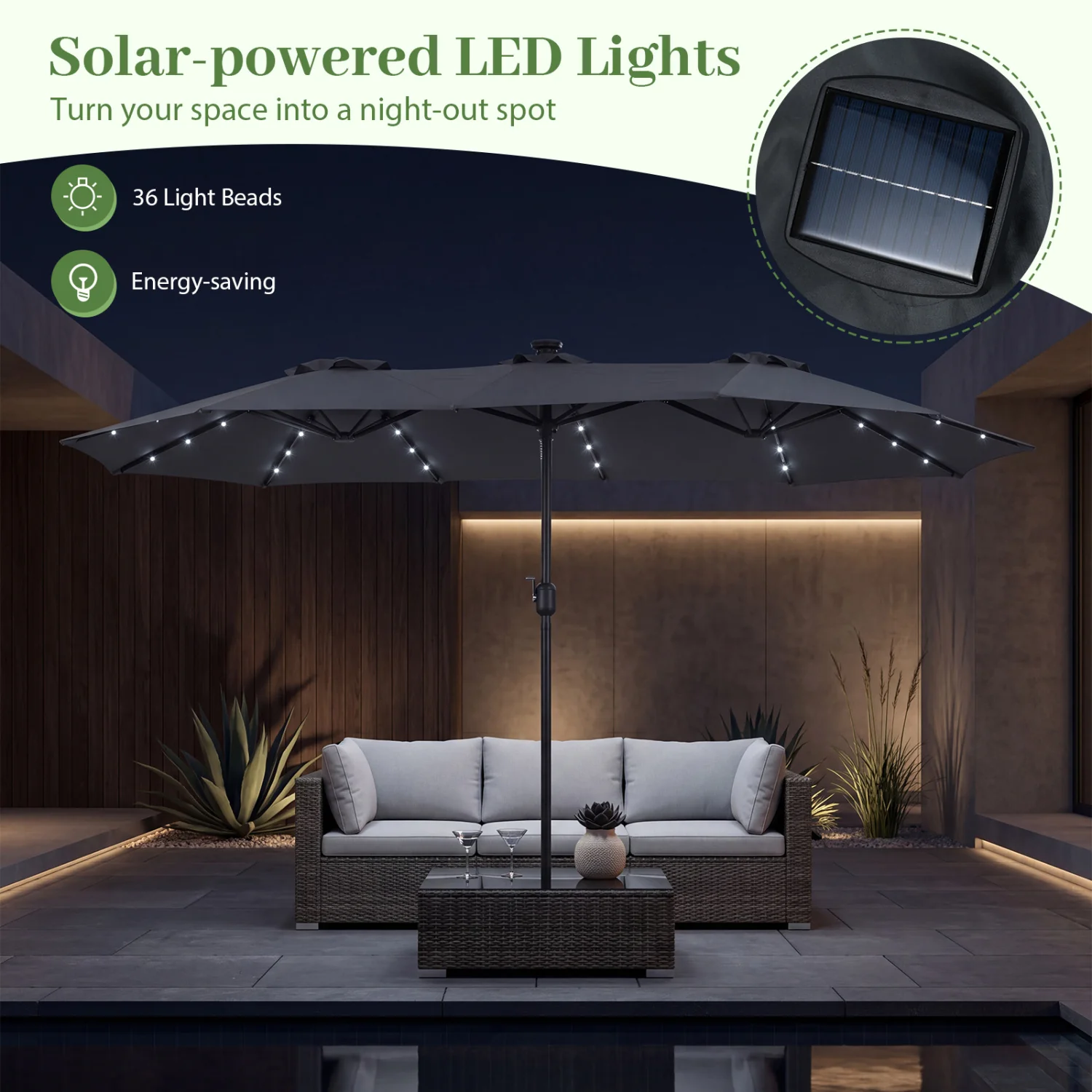 13 FT Double-Sided Patio Umbrella, 36 LED Lights, Gray - Image 7