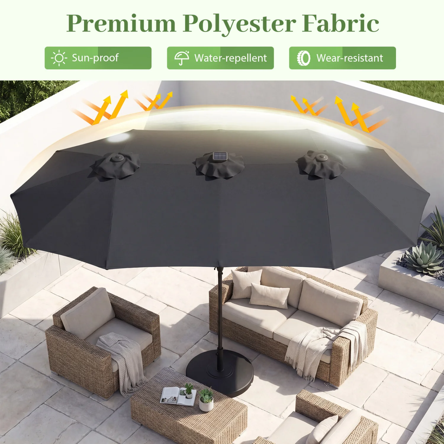 13 FT Double-Sided Patio Umbrella, 36 LED Lights, Gray - Image 8