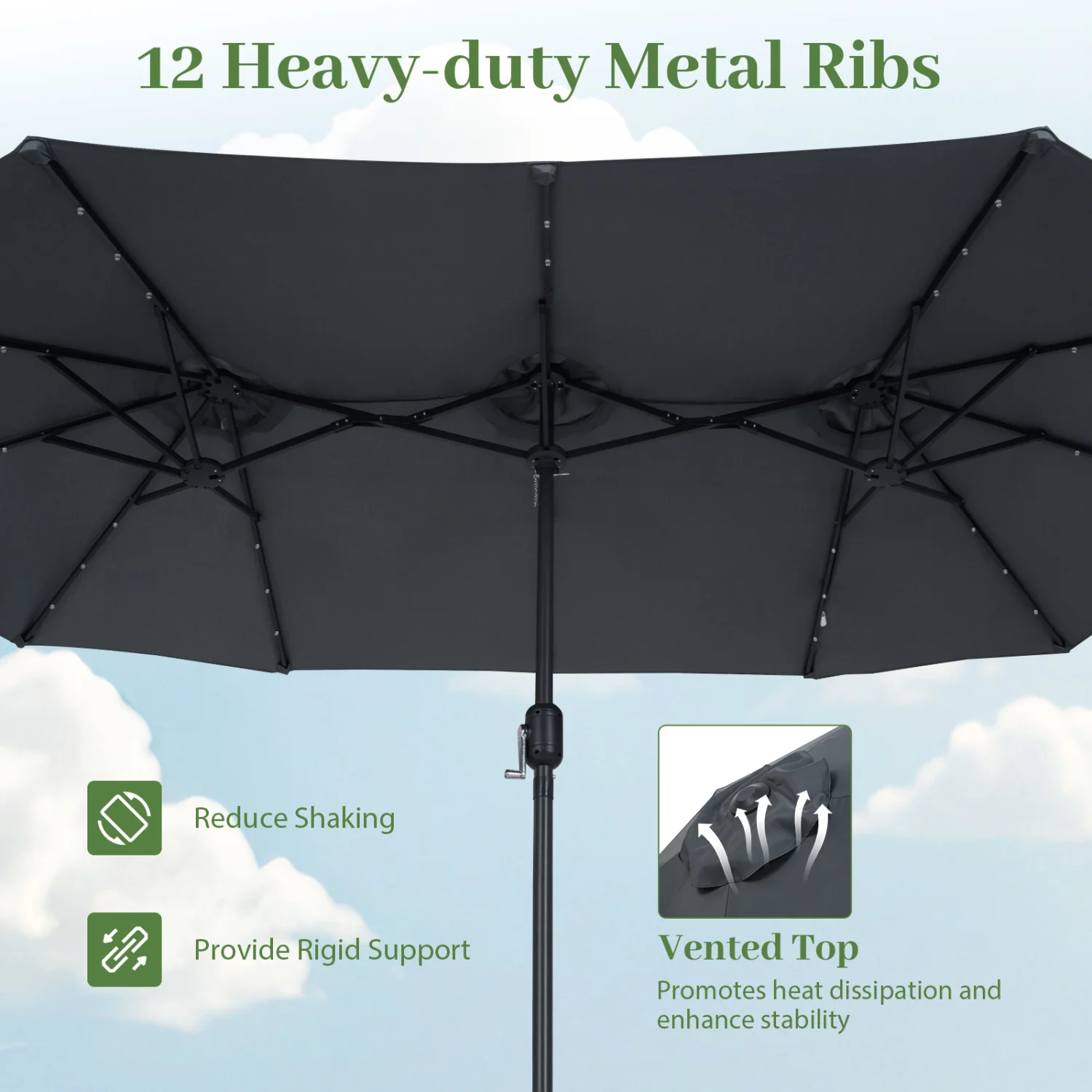 13 FT Double-Sided Patio Umbrella, 36 LED Lights, Gray - Image 9