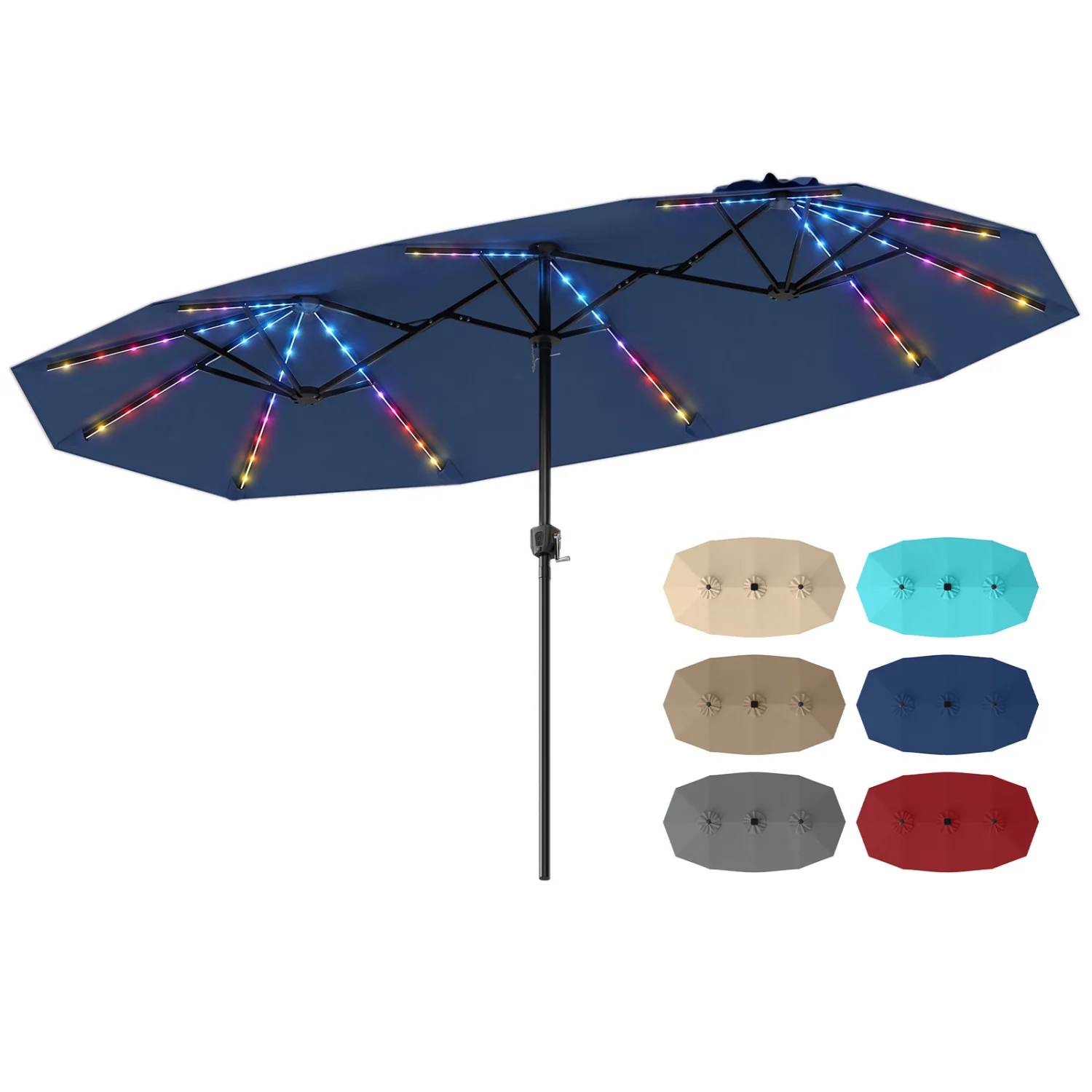 13 FT Double-Sided Patio Umbrella, Solar LED Lights, Navy