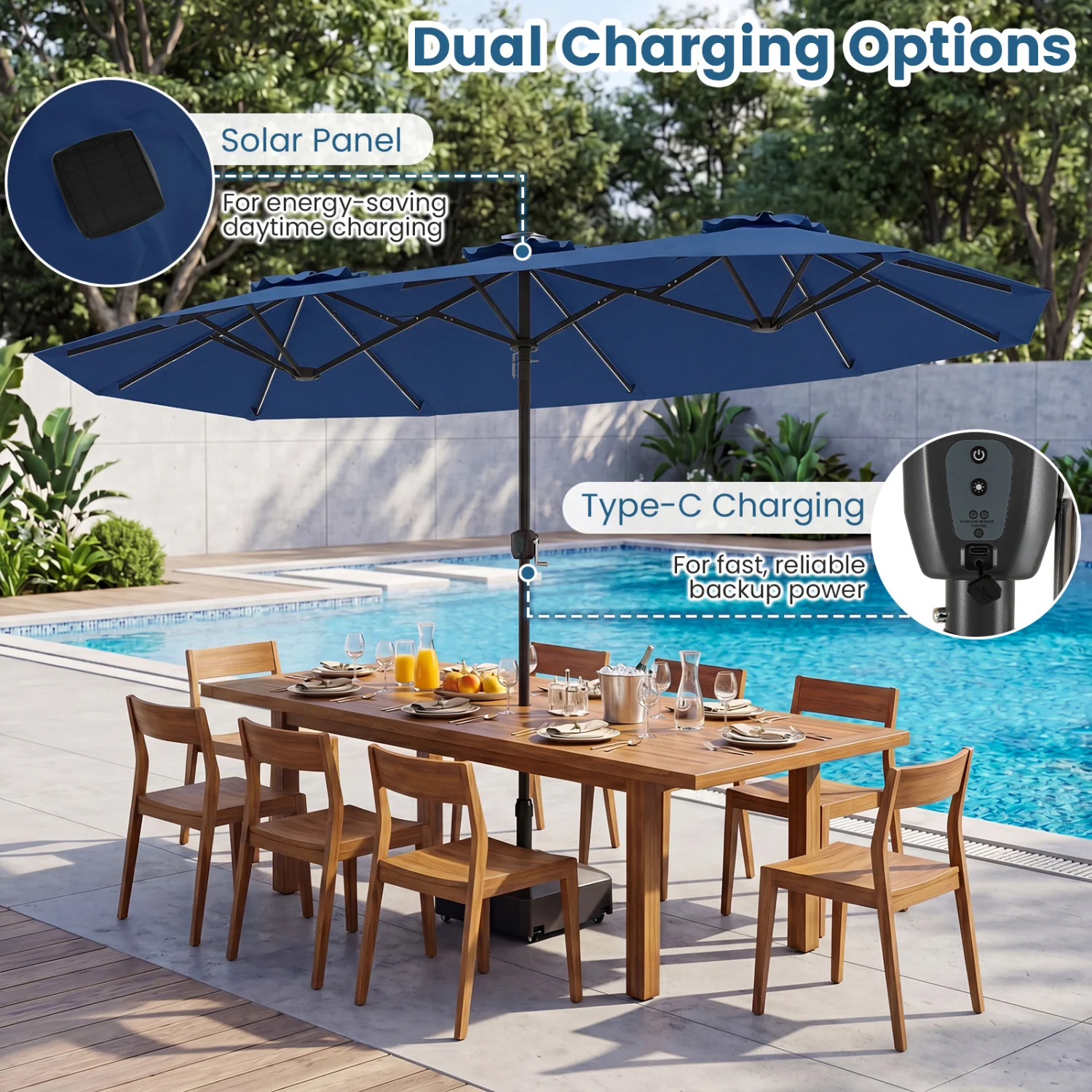 13 FT Double-Sided Patio Umbrella, Solar LED Lights, Navy - Image 9