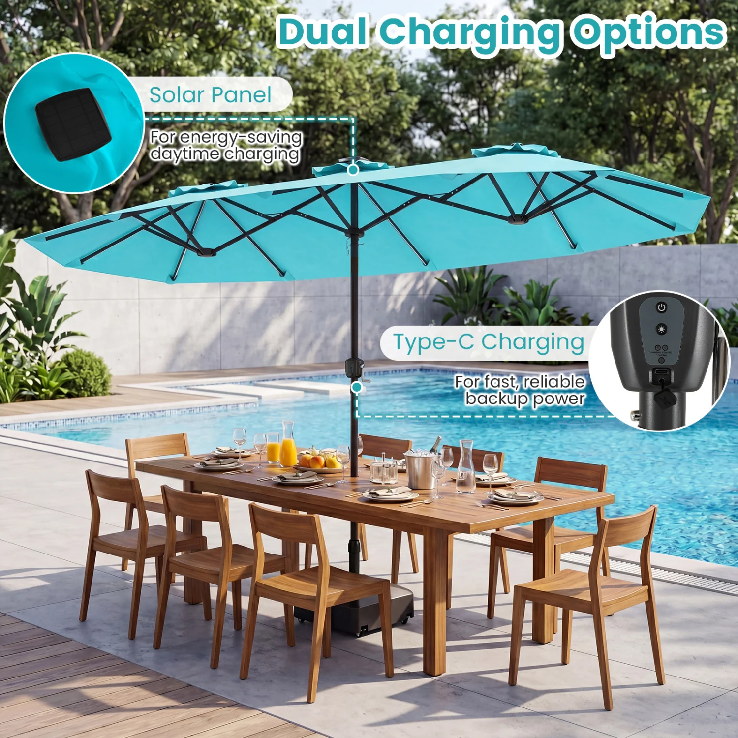 13 FT Double-Sided Patio Umbrella With Solar LED Lights, Turquoise - Image 9