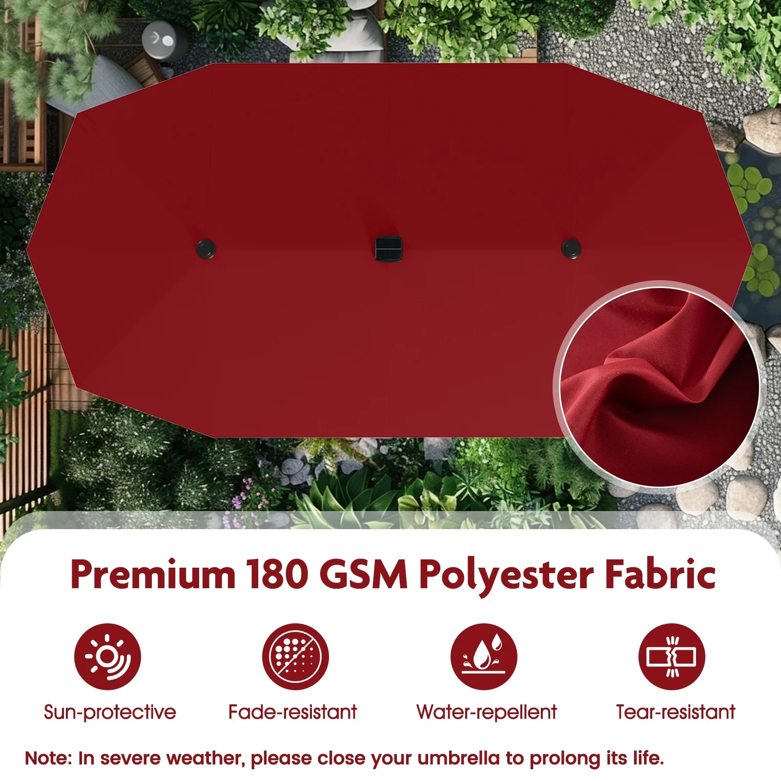 13 FT Large Patio Umbrella, LED Solar Lights, Crank Handle, Red - Image 10
