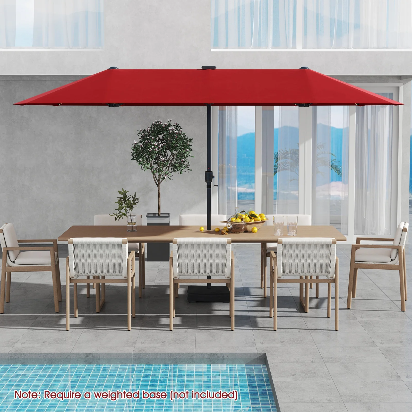 13 FT Large Patio Umbrella, LED Solar Lights, Crank Handle, Red - Image 2