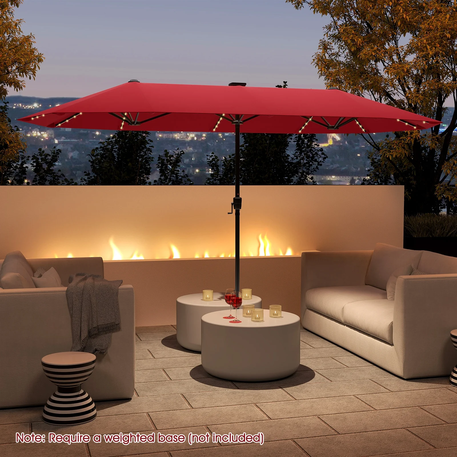 13 FT Large Patio Umbrella, LED Solar Lights, Crank Handle, Red - Image 3
