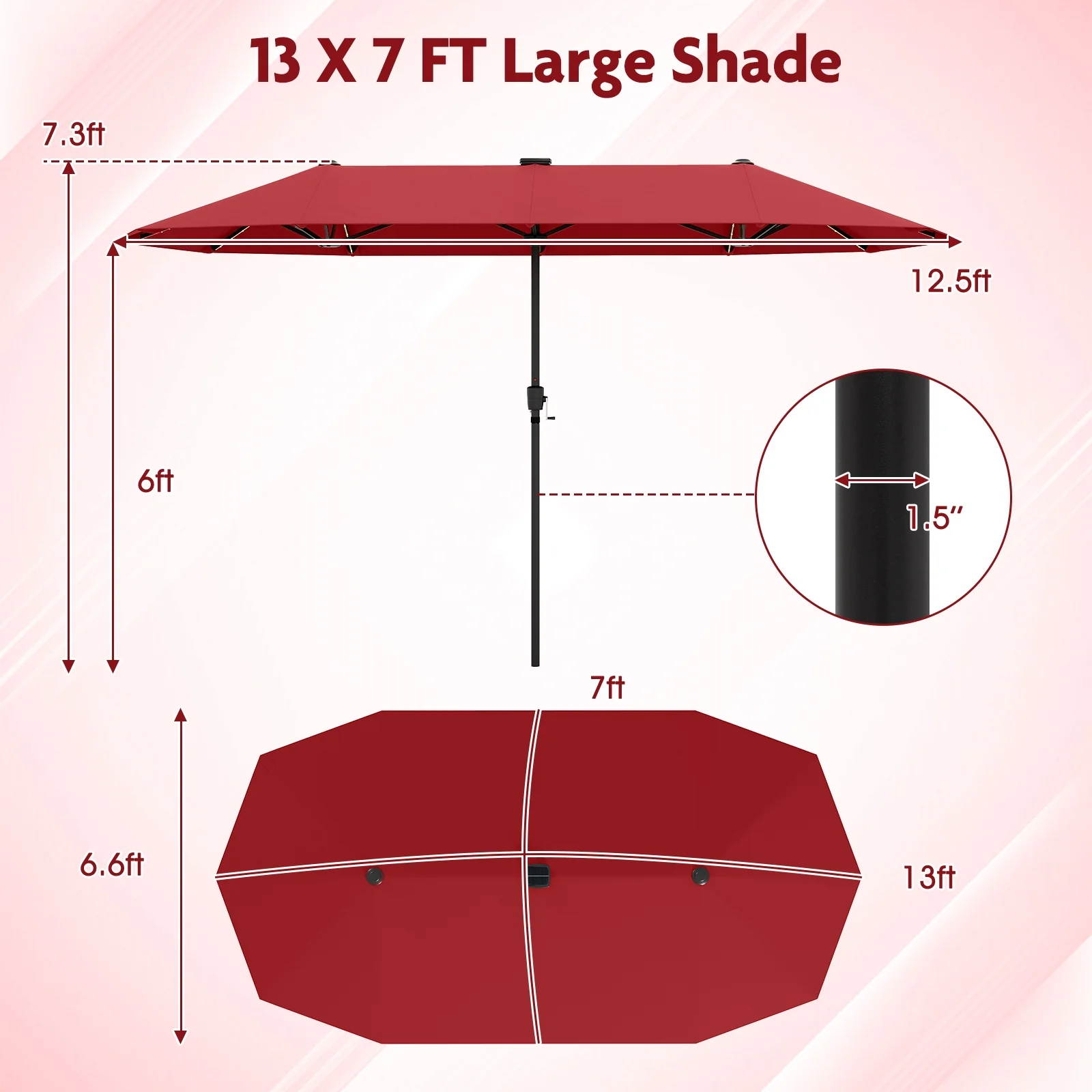 13 FT Large Patio Umbrella, LED Solar Lights, Crank Handle, Red - Image 6
