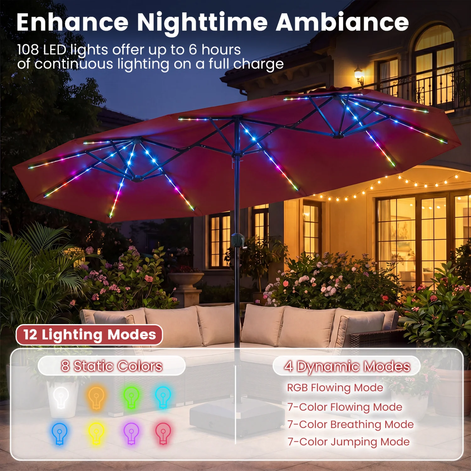 13 FT Patio Umbrella with Color-Changing Solar LED Lights, Red - Image 8