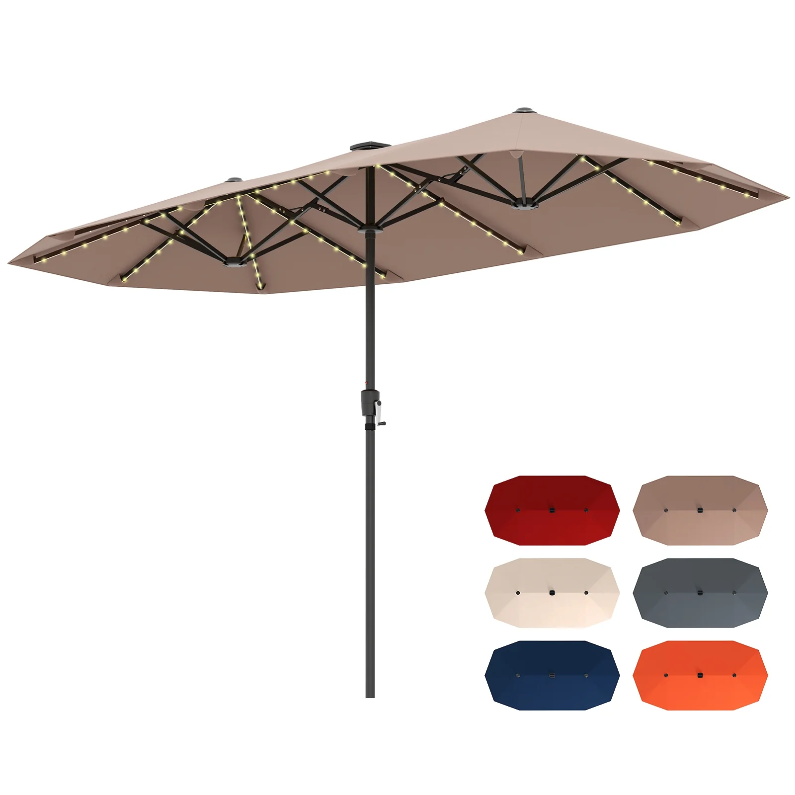 13 FT Patio Umbrella With LED Solar Lights, Crank Handle, Coffee - Image 5