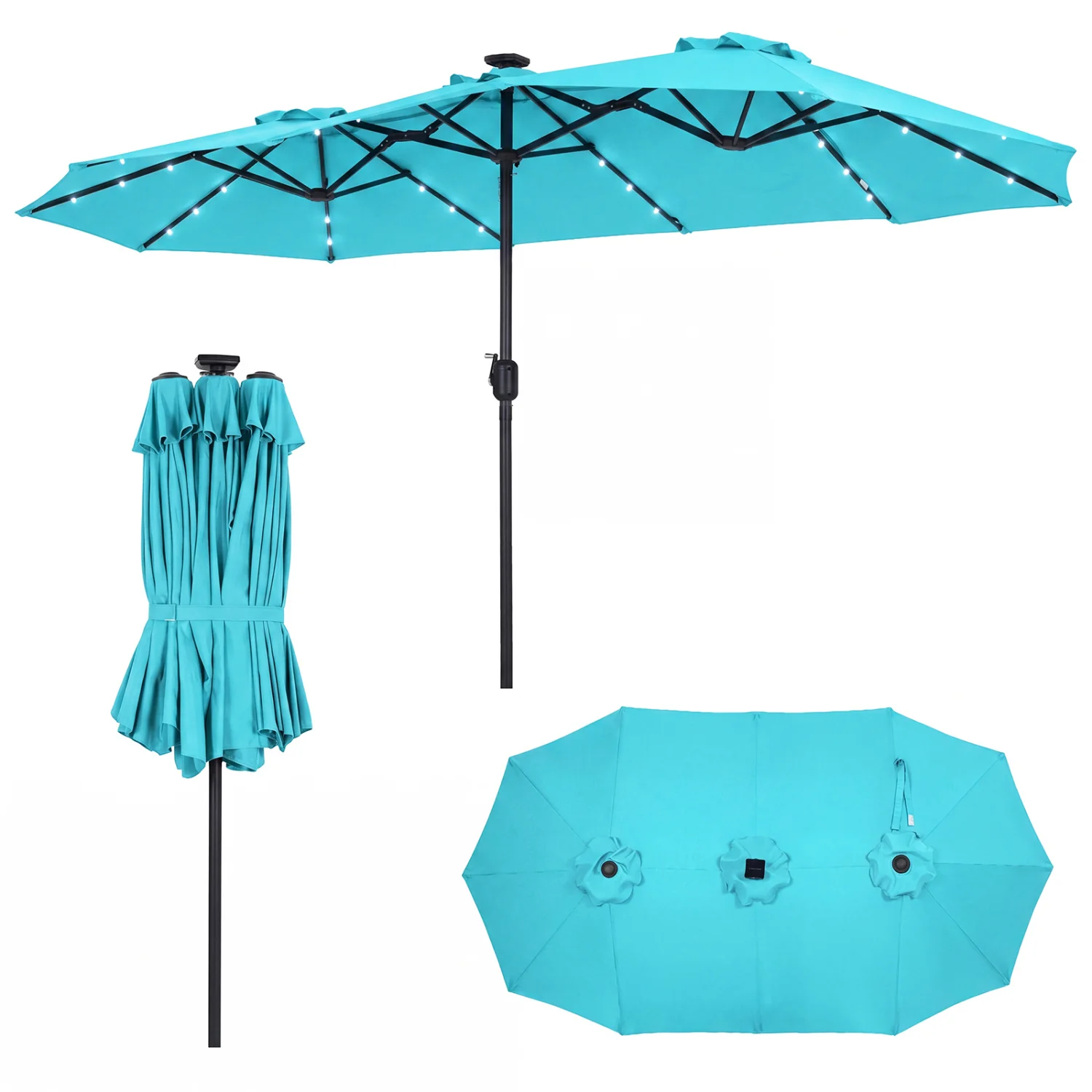13 FT Rectangle Patio Umbrella, 36 LED Lights, Turquoise