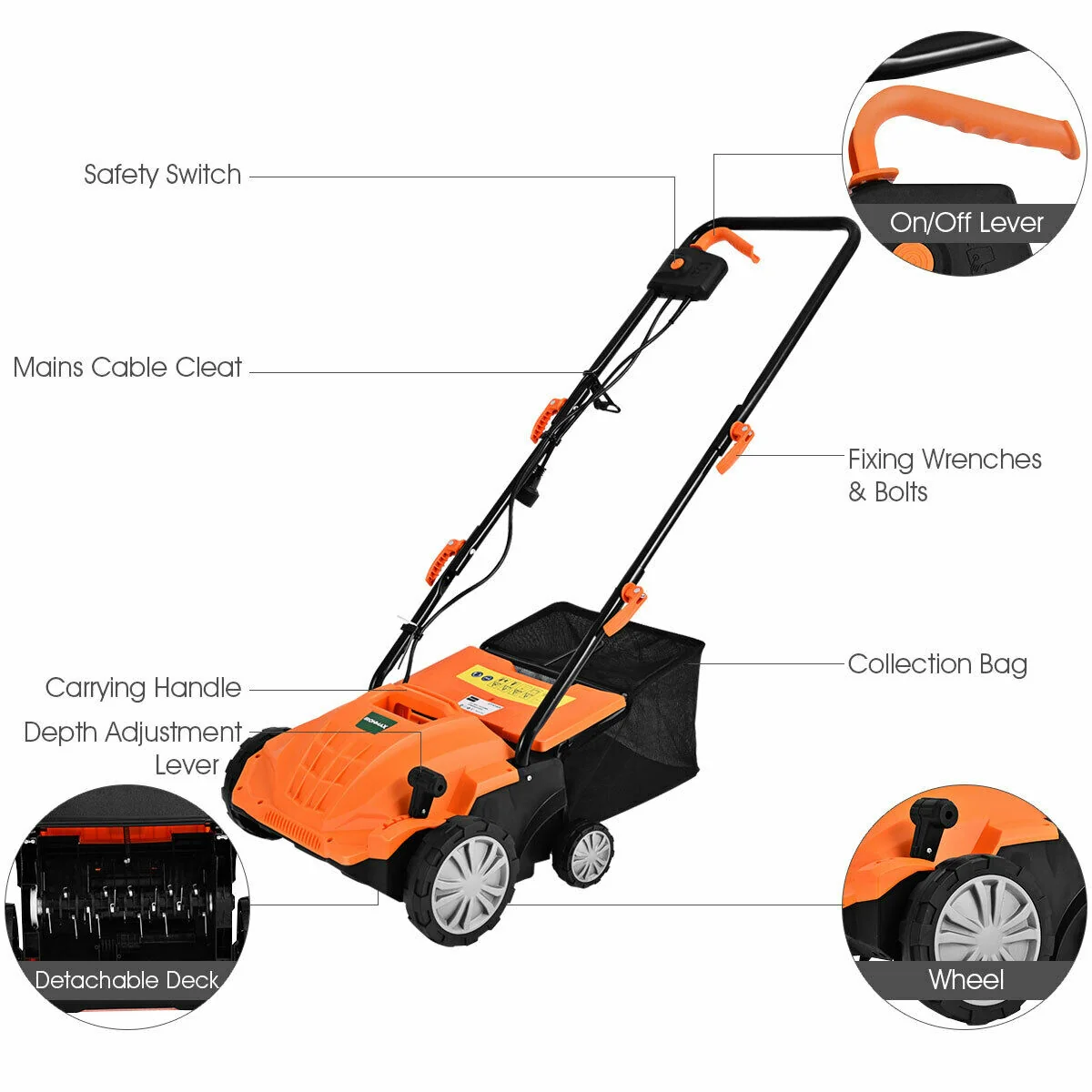 13 Inch 12 Amp Electric Scarifier, Collection Bag, Removable Blades, Orange - Image 6