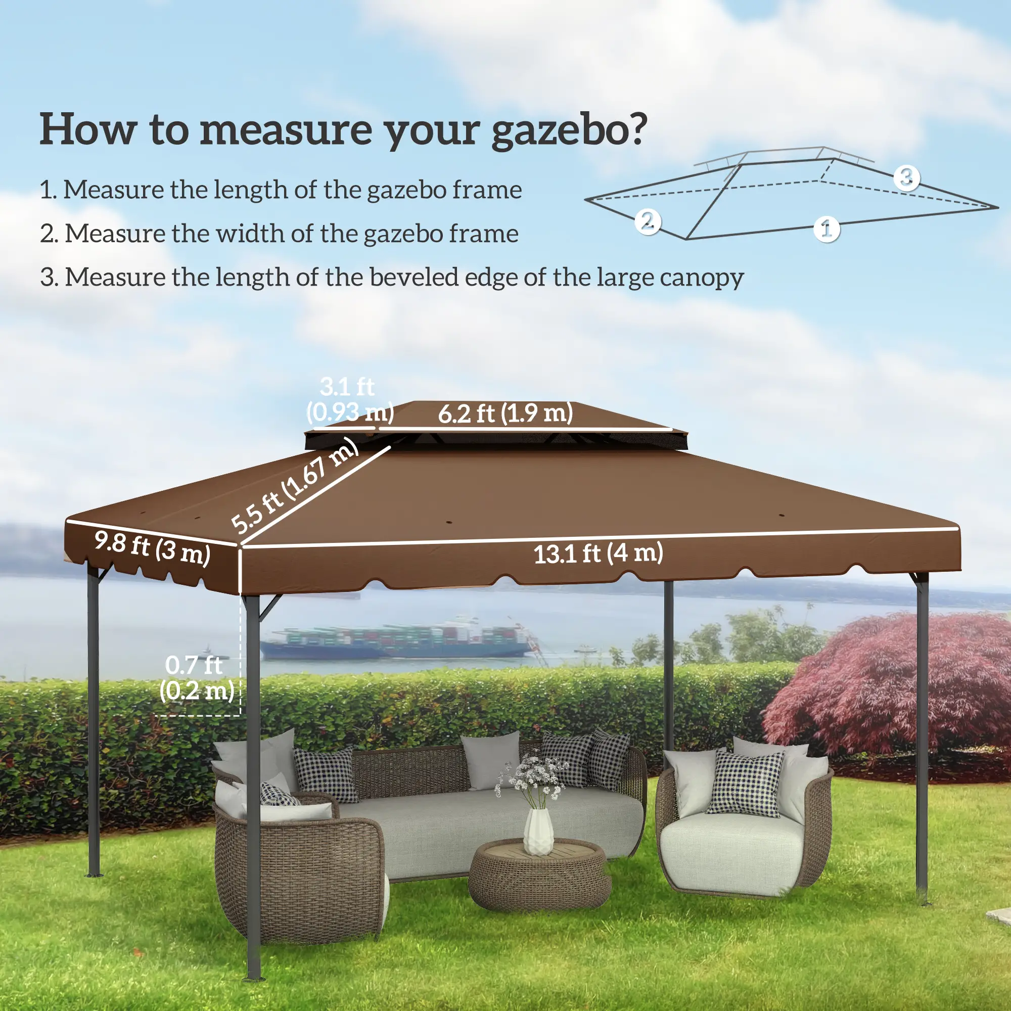 13' x 10' Gazebo Canopy, Double Vented Roof, Coffee - Image 3