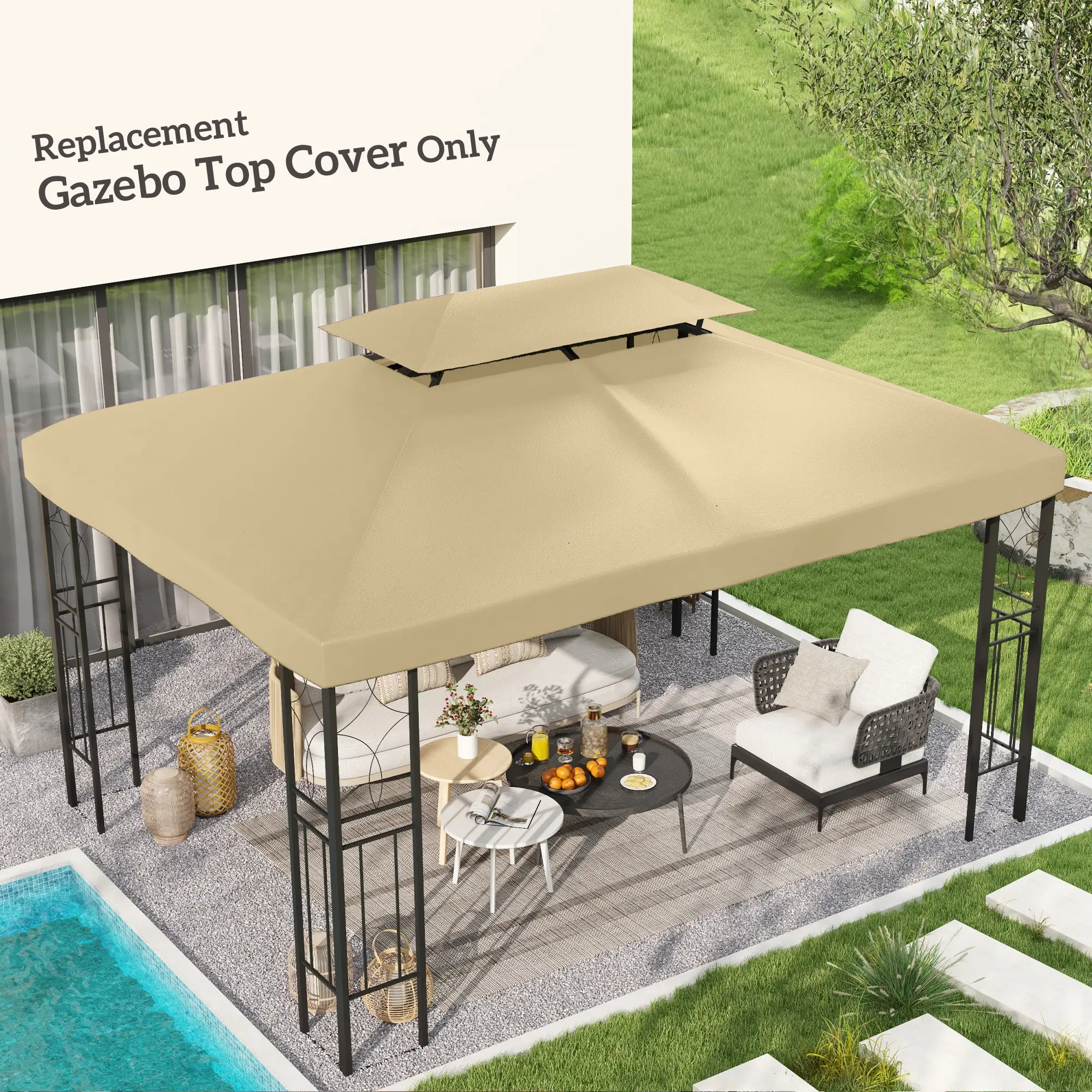 13' x 10' Gazebo Cover, 2 Tier Top, Garden, Patio, Outdoor, Beige - Image 2