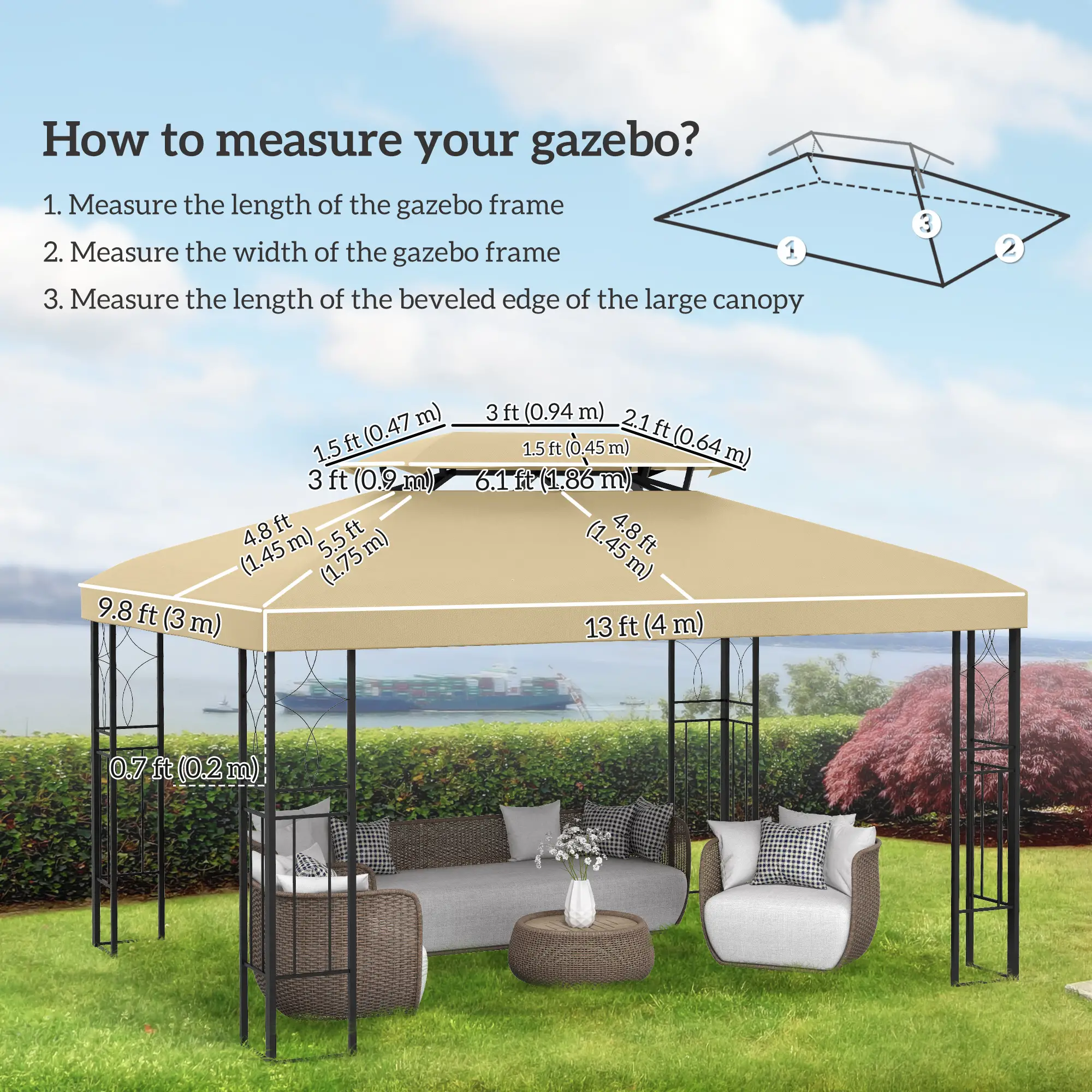 13' x 10' Gazebo Cover, 2 Tier Top, Garden, Patio, Outdoor, Beige - Image 3