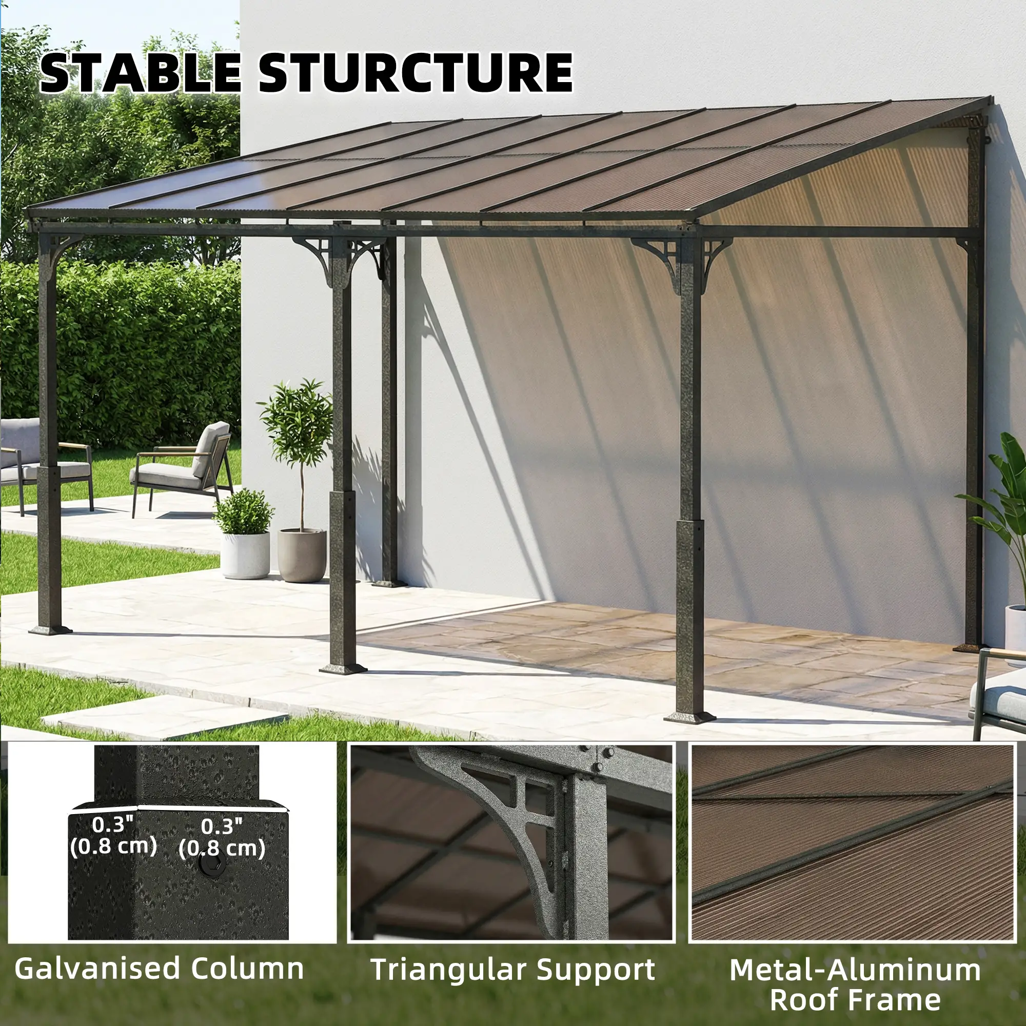 13' x 10' Lean-To Gazebo, Hardtop Wall Mounted Outdoor Pergola - Image 7