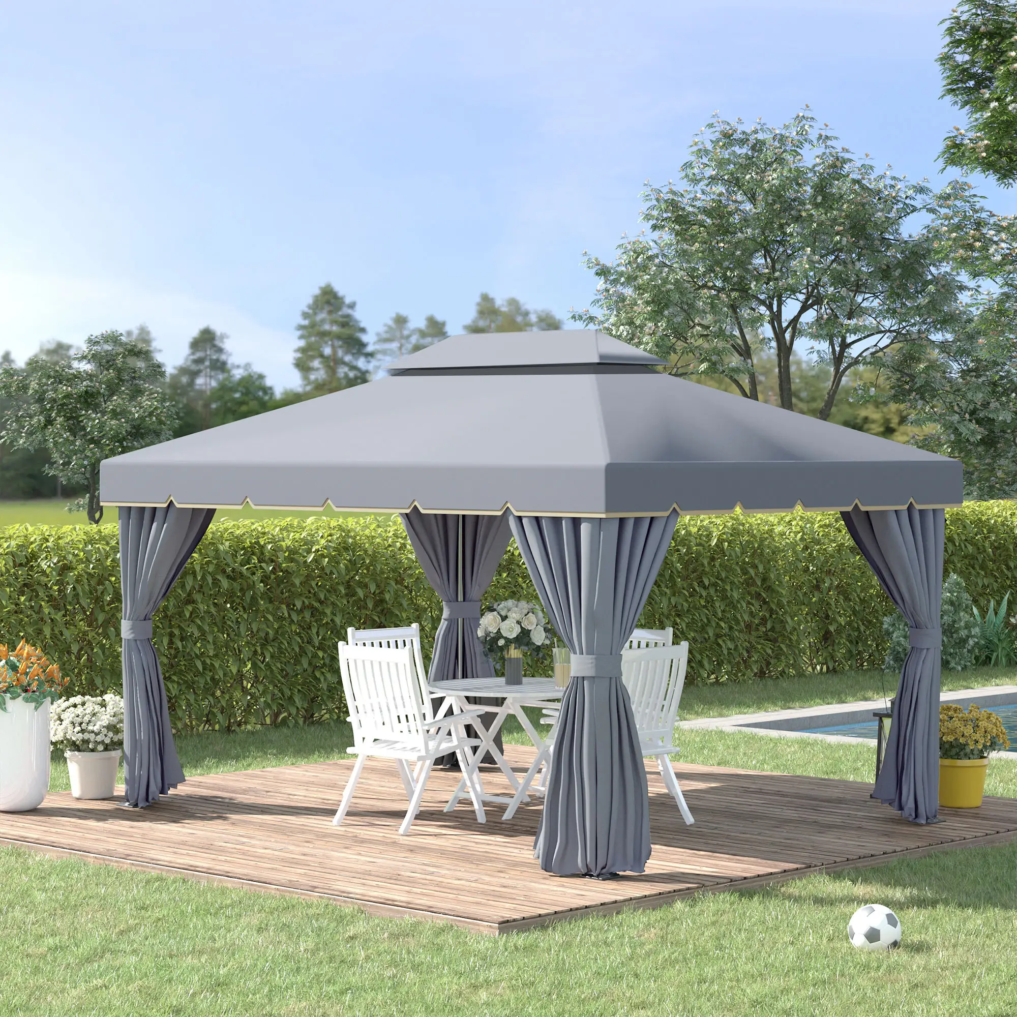 13' x 10' Patio Gazebo, 2-Tier Polyester Roof, Vented Mesh Sidewall, Aluminum Frame, Grey - Image 2