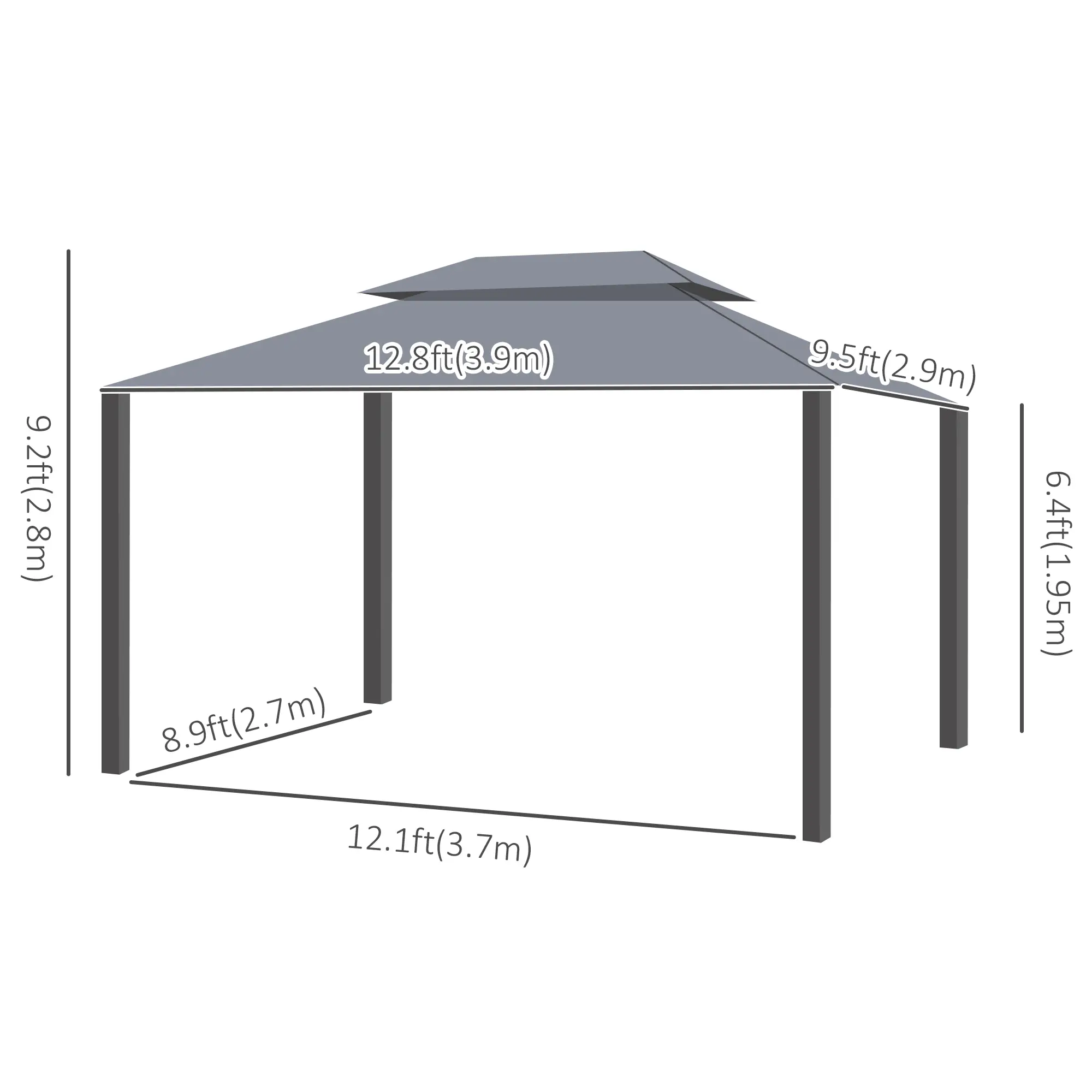 13' x 10' Patio Gazebo, 2-Tier Polyester Roof, Vented Mesh Sidewall, Aluminum Frame, Grey - Image 3
