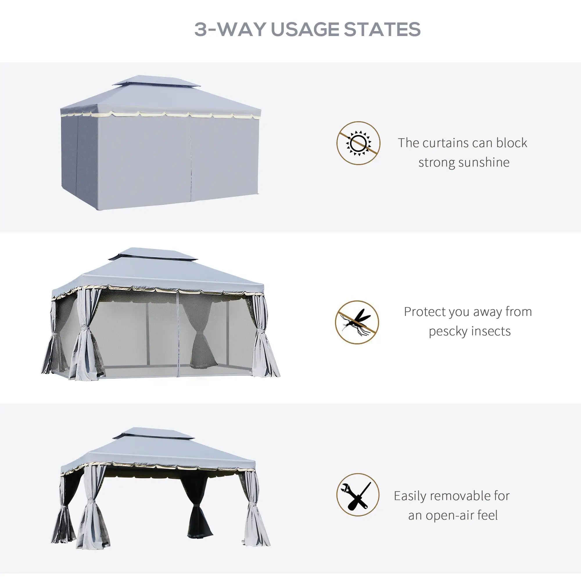 13' x 10' Patio Gazebo, 2-Tier Polyester Roof, Vented Mesh Sidewall, Aluminum Frame, Grey - Image 4