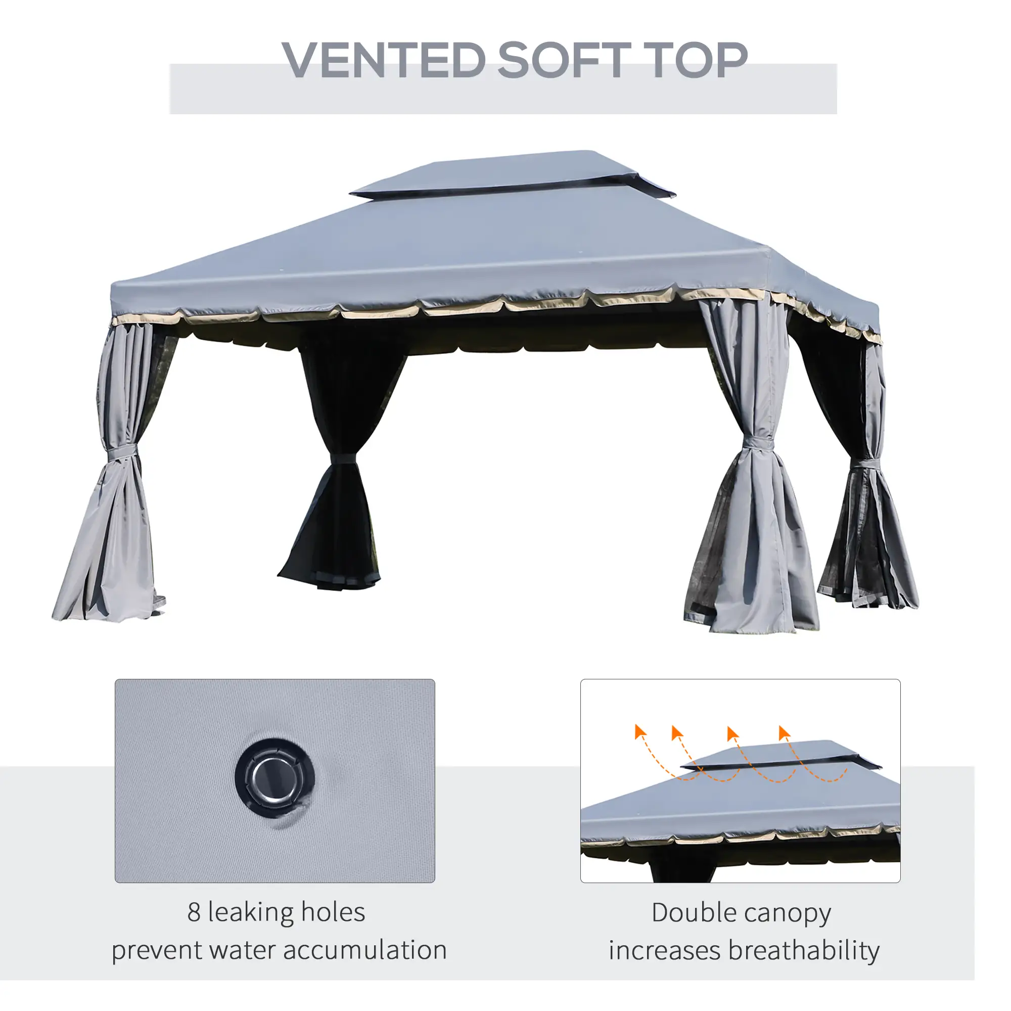 13' x 10' Patio Gazebo, 2-Tier Polyester Roof, Vented Mesh Sidewall, Aluminum Frame, Grey - Image 6