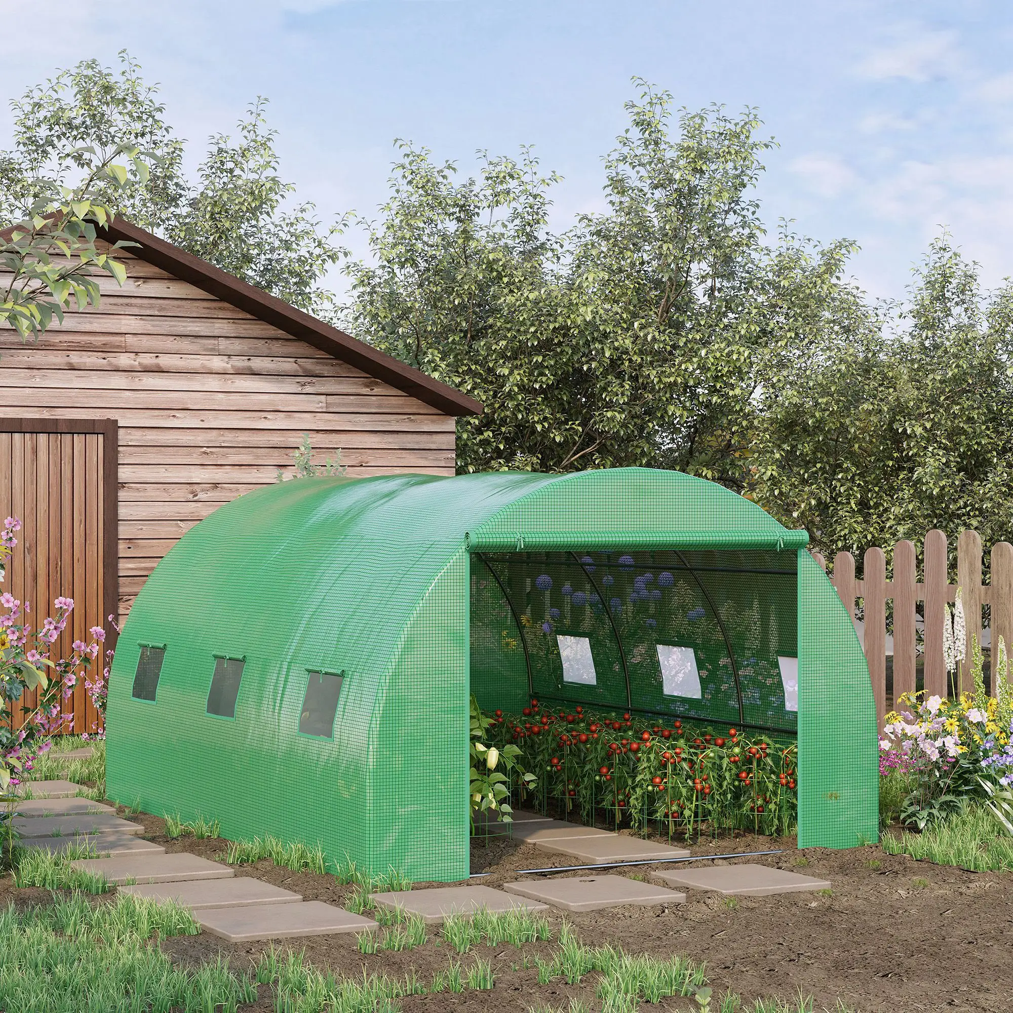 13' x 10' x 6.6' Walk-In Greenhouse, Garden Tunnel Tent, Zipped Door, 6 Mesh Windows, Green - Image 2