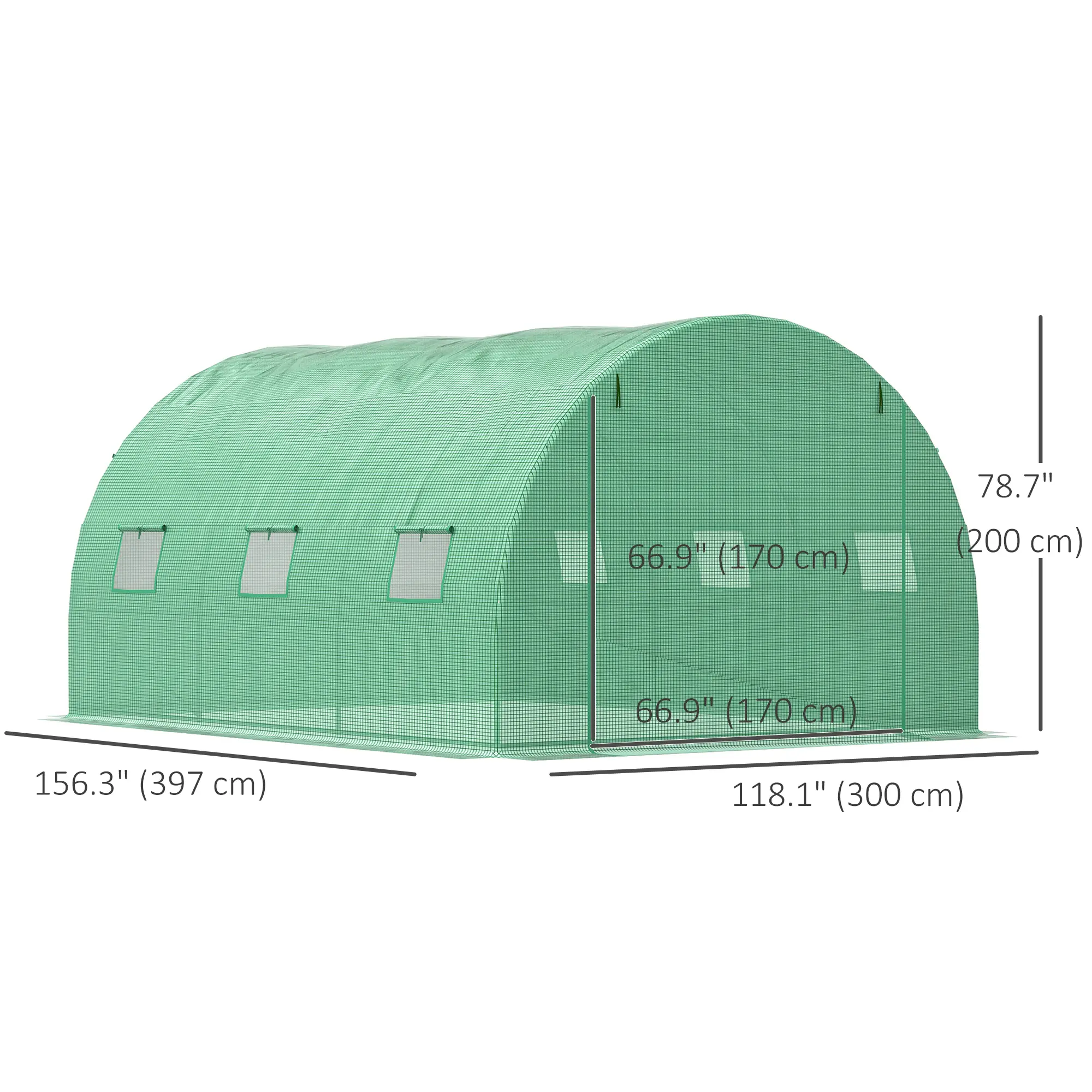 13' x 10' x 6.6' Walk-In Greenhouse, Garden Tunnel Tent, Zipped Door, 6 Mesh Windows, Green - Image 3