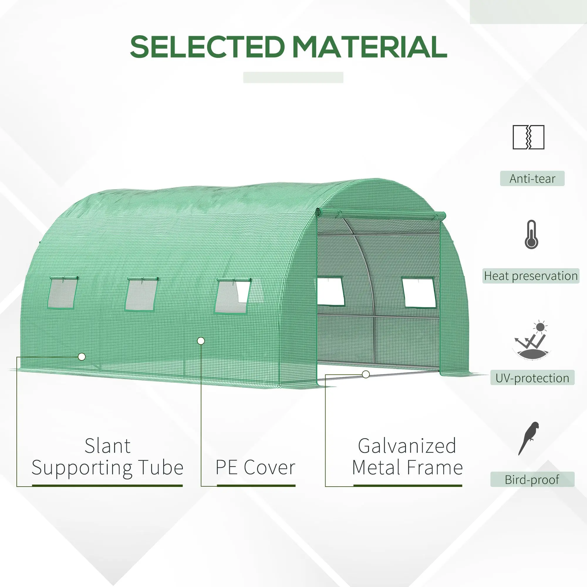 13' x 10' x 6.6' Walk-In Greenhouse, Garden Tunnel Tent, Zipped Door, 6 Mesh Windows, Green - Image 4