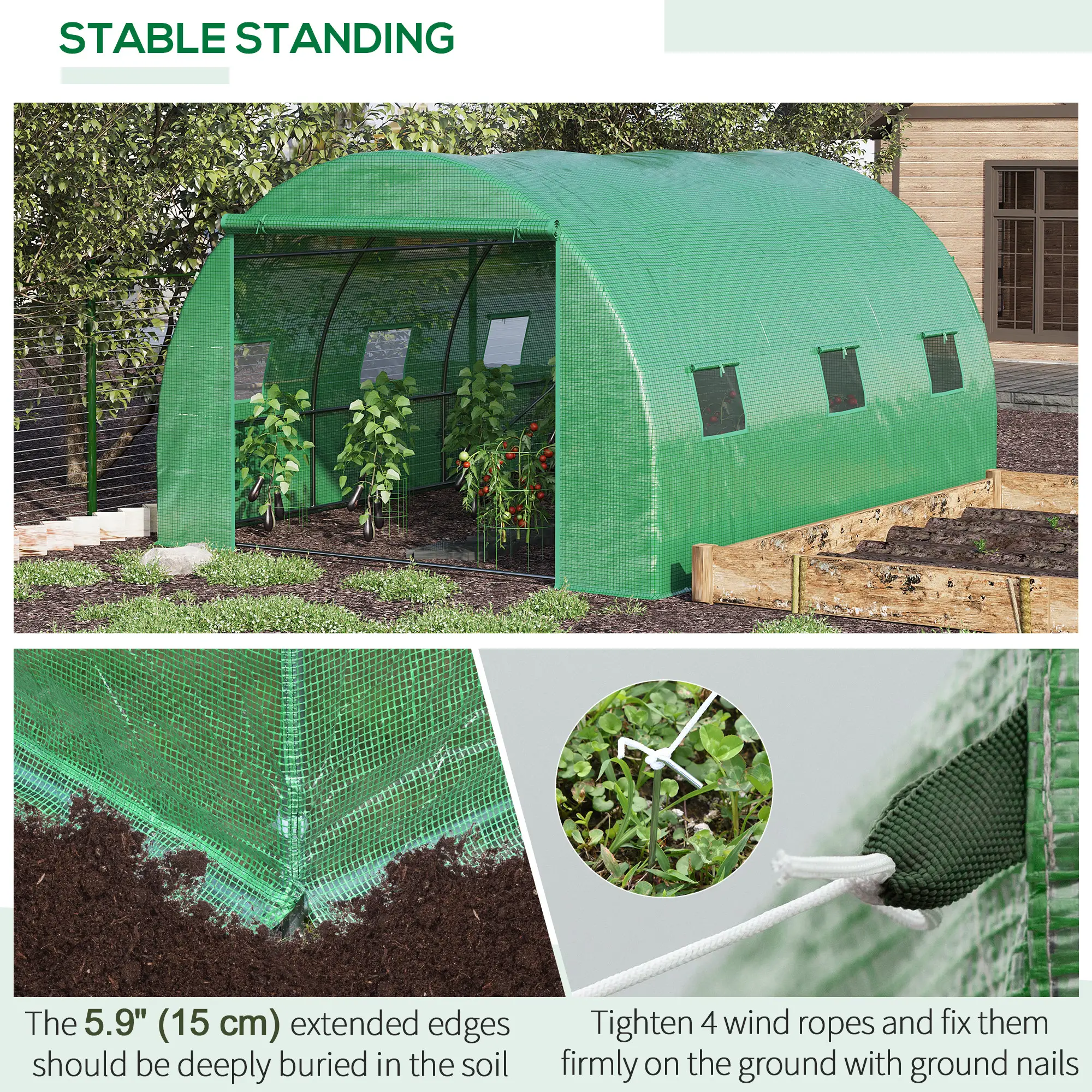 13' x 10' x 6.6' Walk-In Greenhouse, Garden Tunnel Tent, Zipped Door, 6 Mesh Windows, Green - Image 5