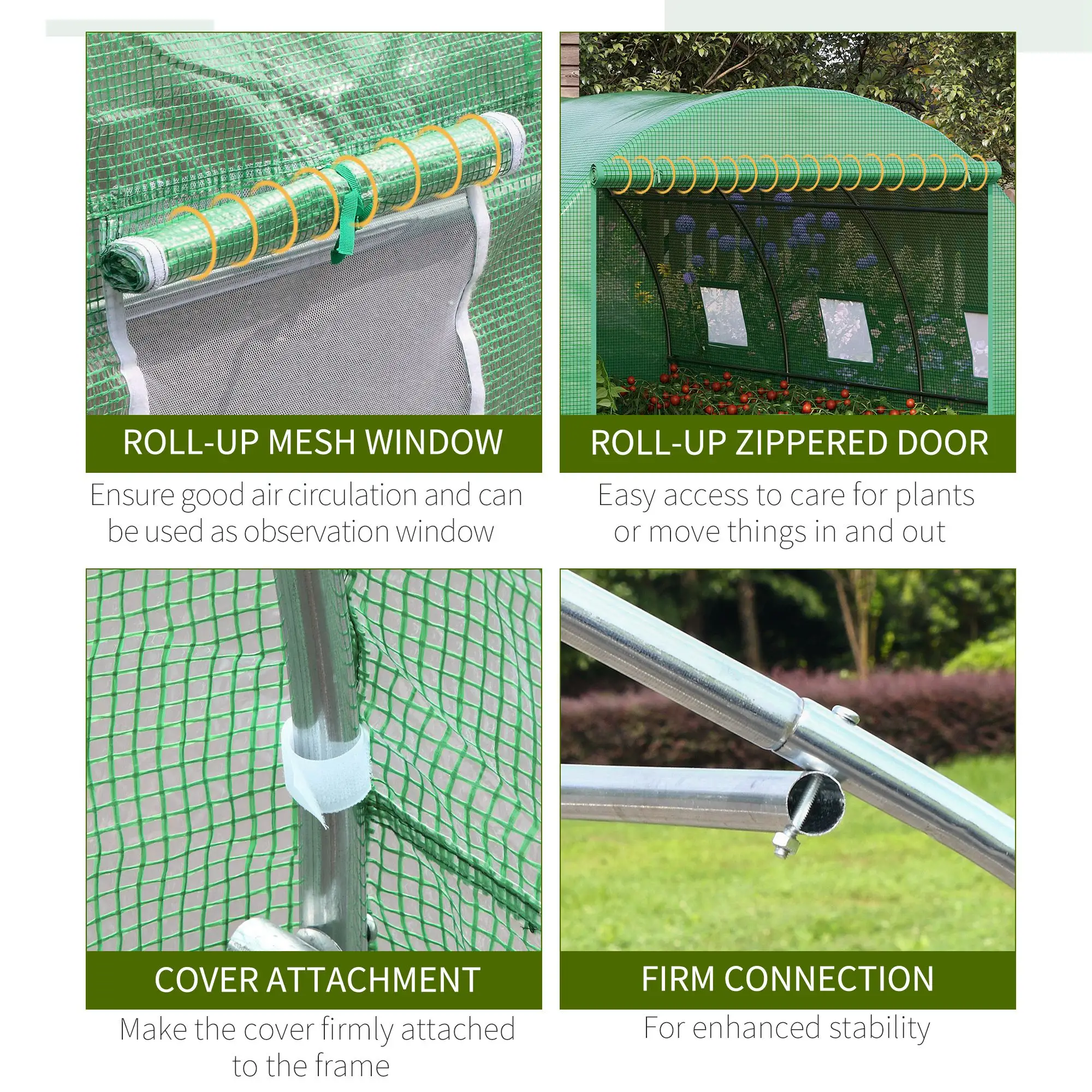 13' x 10' x 6.6' Walk-In Greenhouse, Garden Tunnel Tent, Zipped Door, 6 Mesh Windows, Green - Image 6