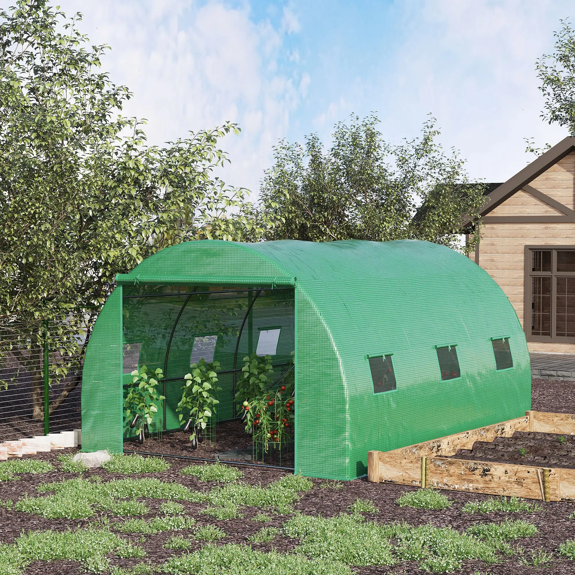 13' x 10' x 6.6' Walk-In Greenhouse, Garden Tunnel Tent, Zipped Door, 6 Mesh Windows, Green - Image 8