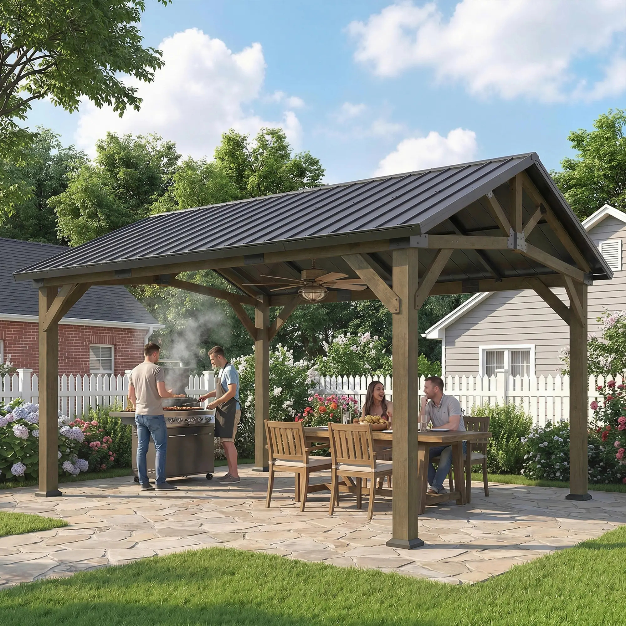 13' x 11' Hardtop Gazebo, Galvanised Metal Roof, Fir Wood Frame, Black Grey - Image 10