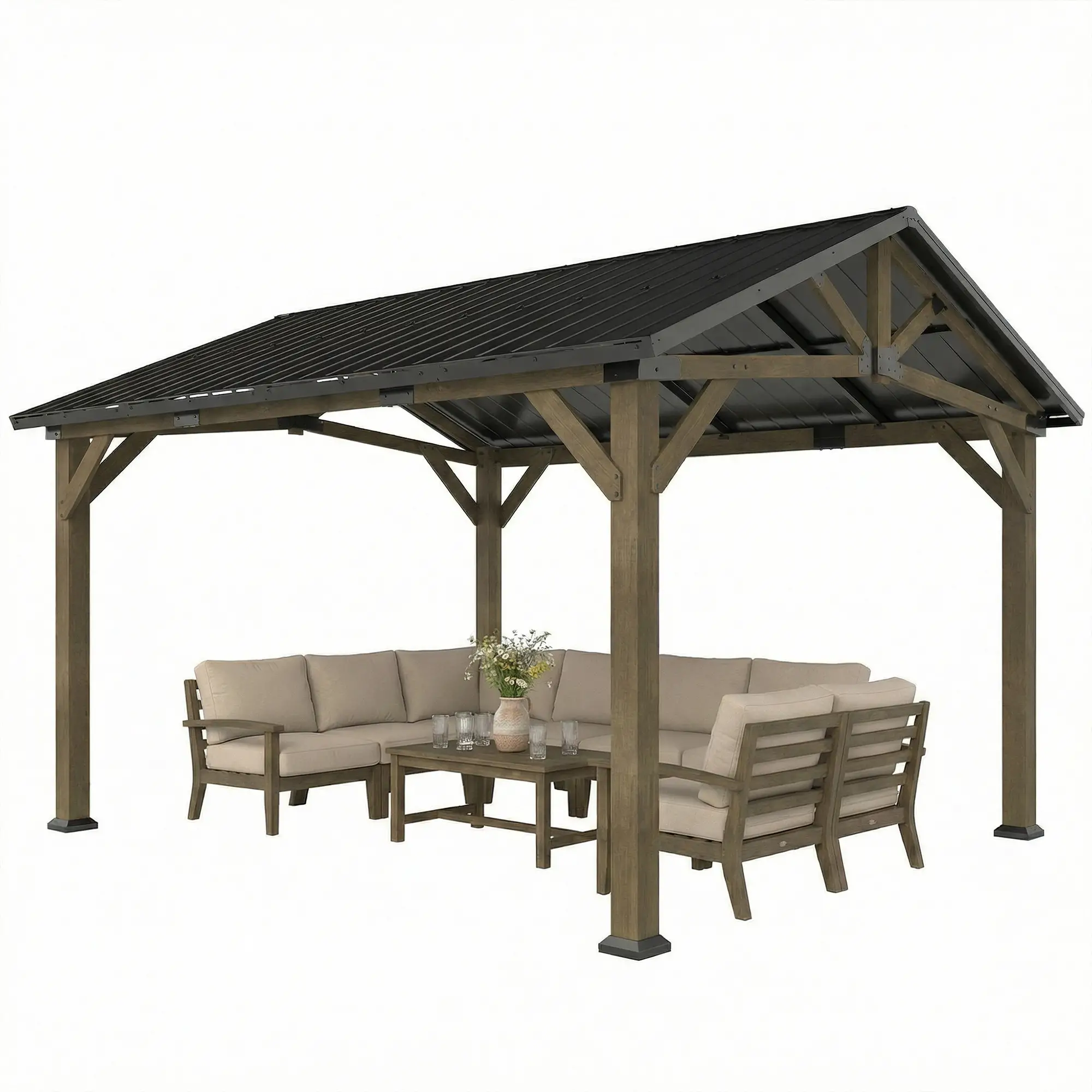 13' x 11' Hardtop Gazebo, Galvanised Metal Roof, Fir Wood Frame, Black Grey - Image 11