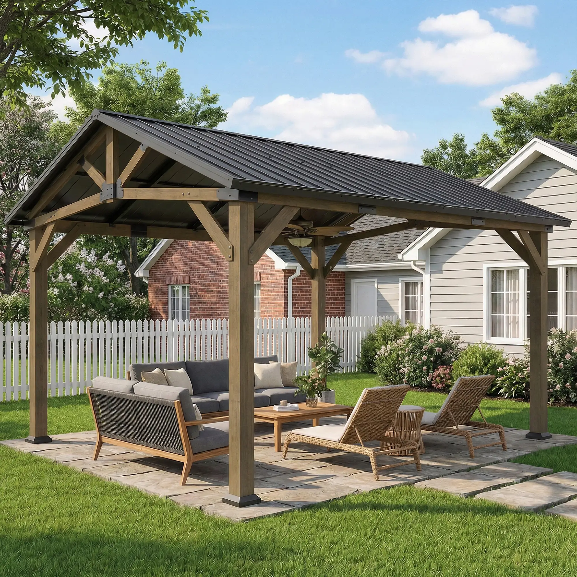 13' x 11' Hardtop Gazebo, Galvanised Metal Roof, Fir Wood Frame, Black Grey - Image 2