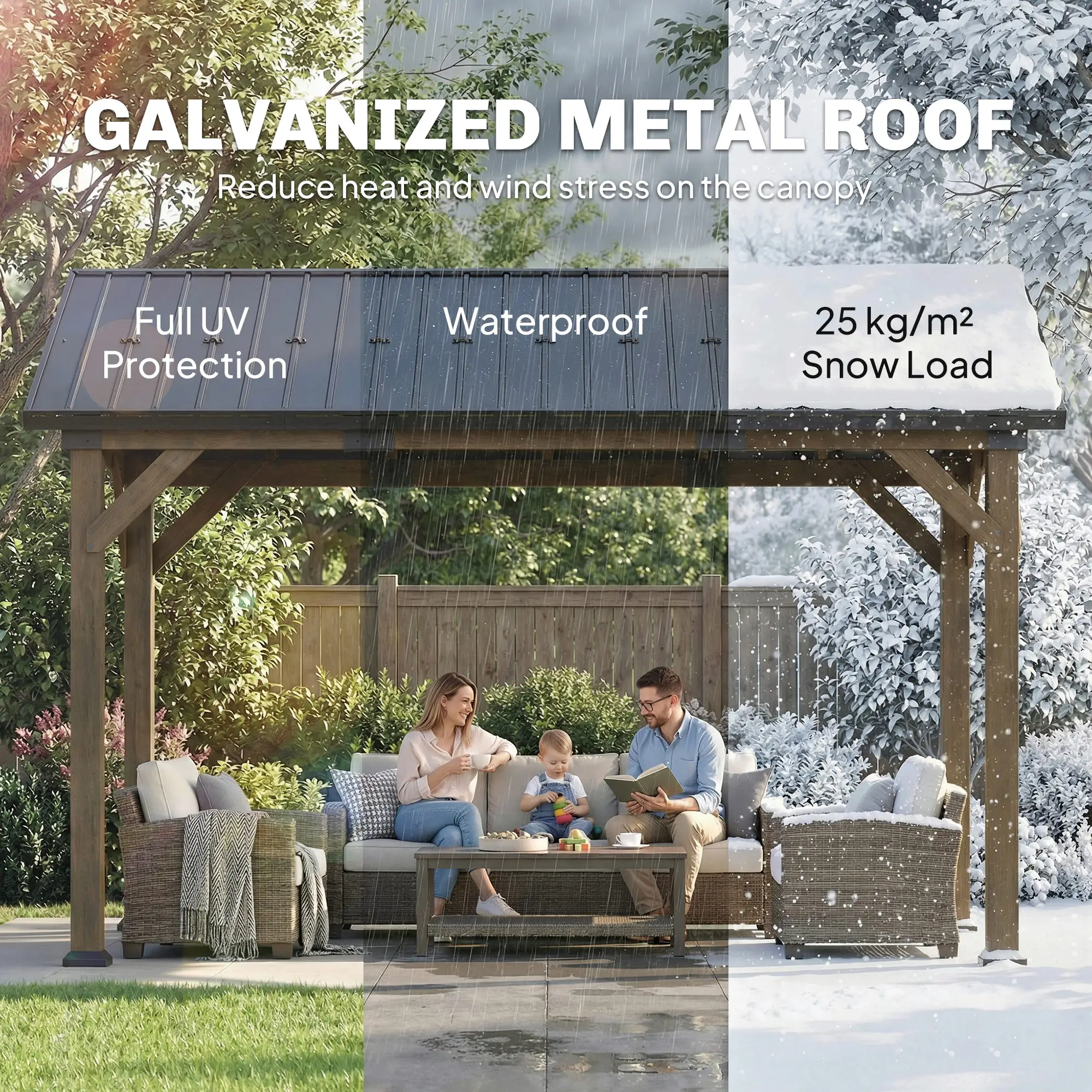 13' x 11' Hardtop Gazebo, Galvanised Metal Roof, Fir Wood Frame, Black Grey - Image 4