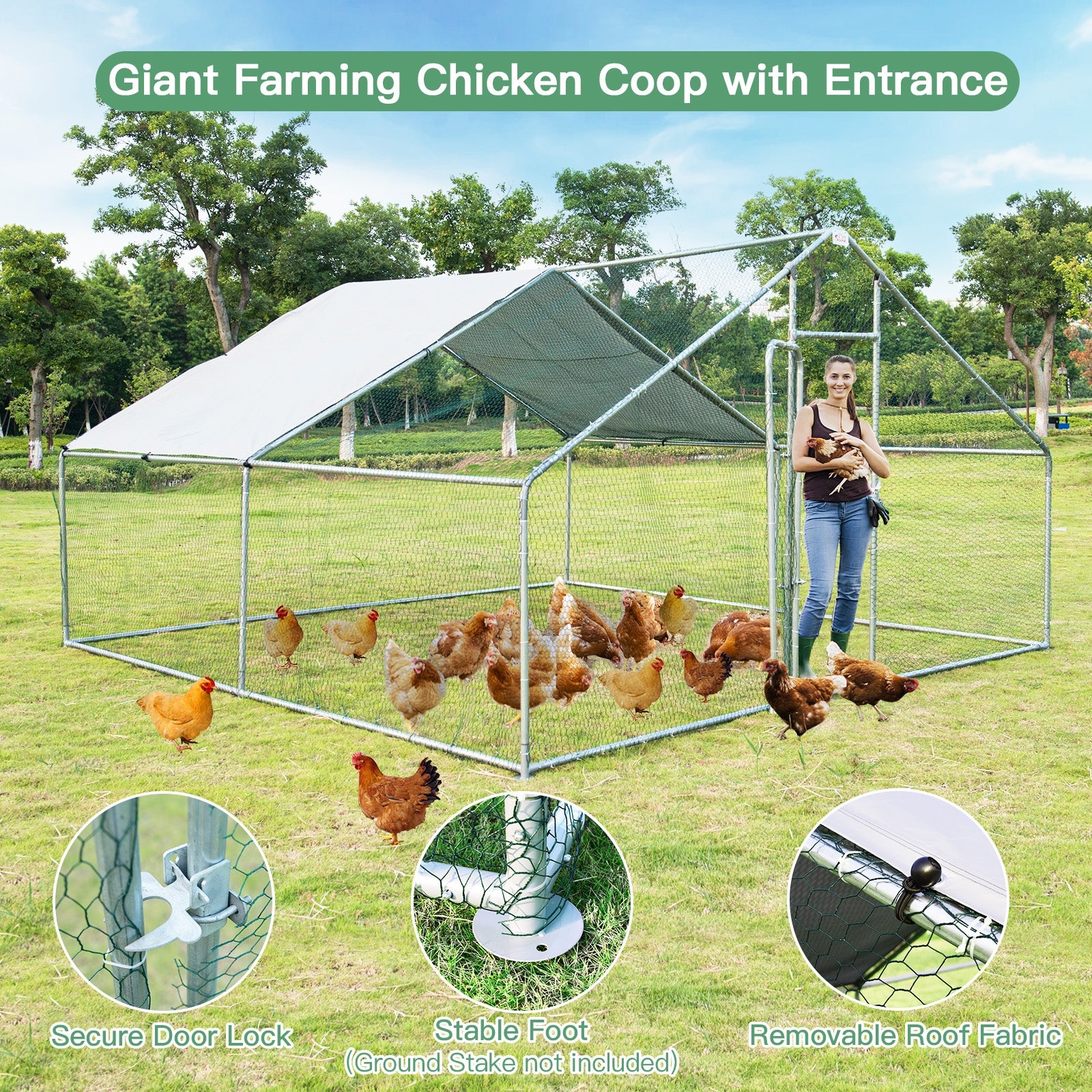13 x 13 Feet Walk-In Chicken Coop, Waterproof Cover, White - Image 8