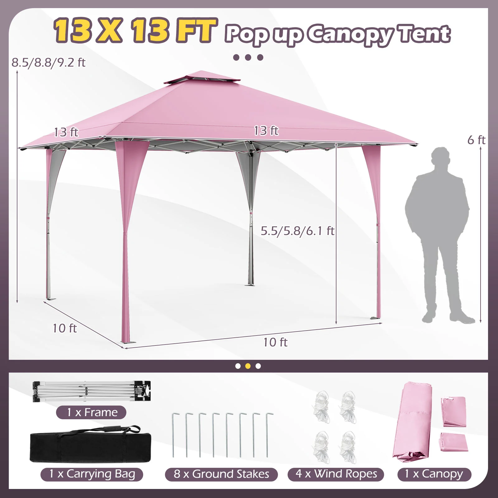 13 X 13 FT Pop Up Gazebo, Portable Bag, 8 Stakes, 4 Wind Ropes, Pink - Image 6
