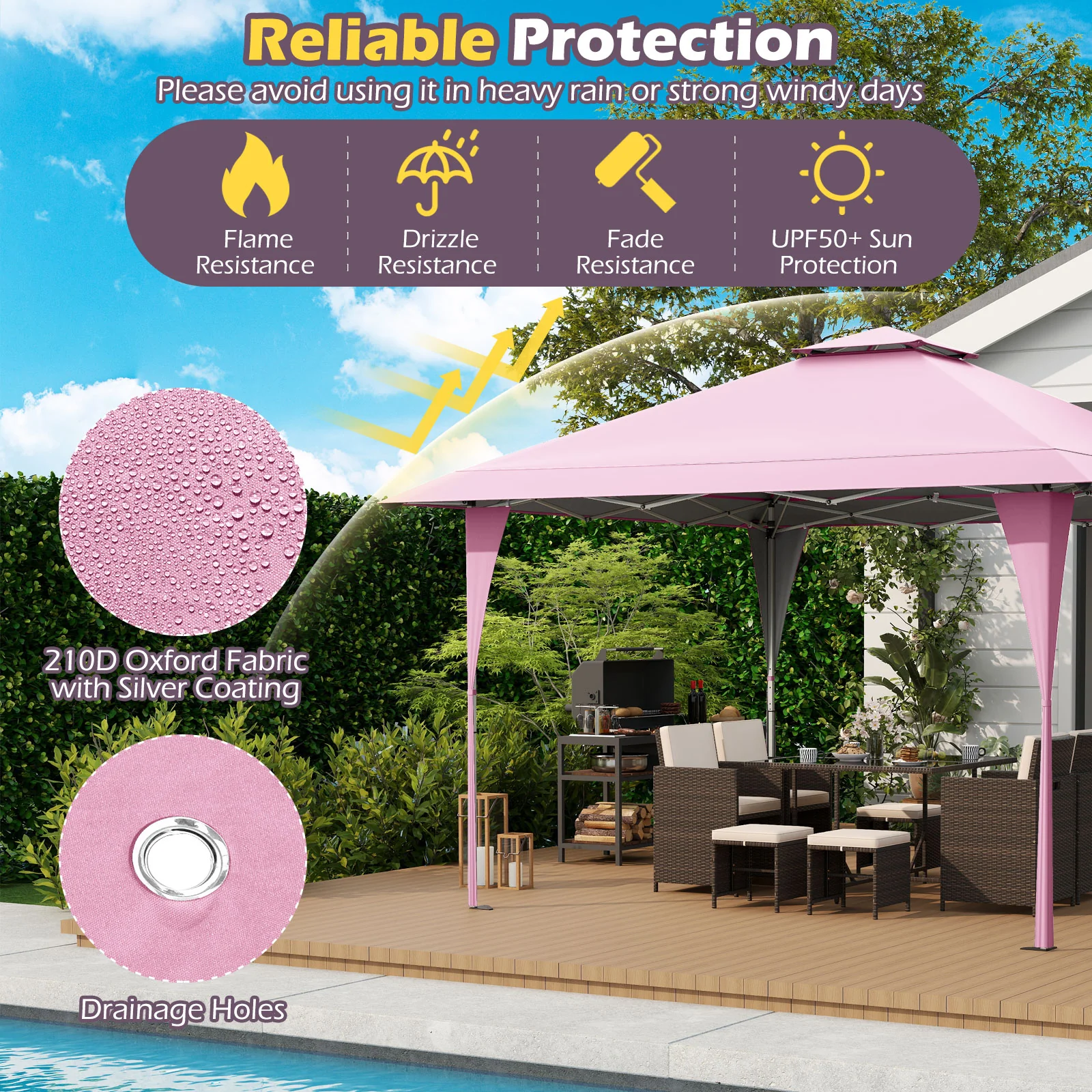 13 X 13 FT Pop Up Gazebo, Portable Bag, 8 Stakes, 4 Wind Ropes, Pink - Image 7