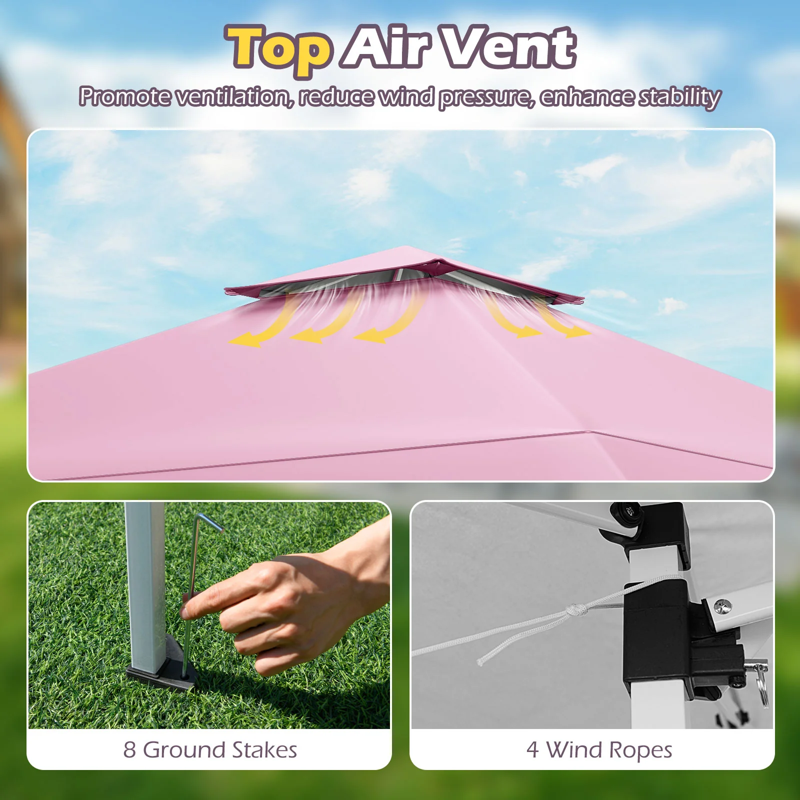 13 X 13 FT Pop Up Gazebo, Portable Bag, 8 Stakes, 4 Wind Ropes, Pink - Image 8