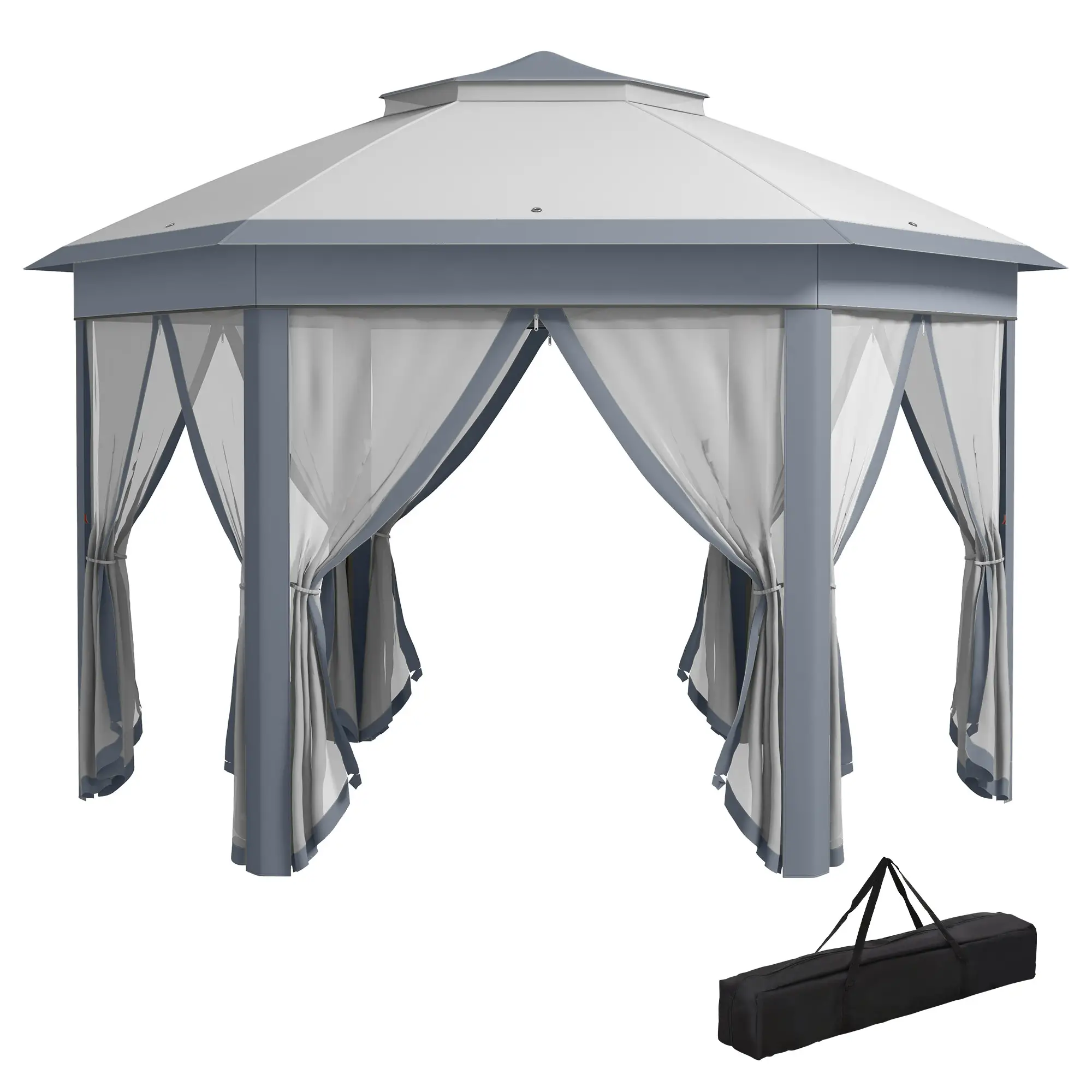 13' x 13' Hexagon Pop Up Canopy Tent, Netting, Carry Bag, Grey