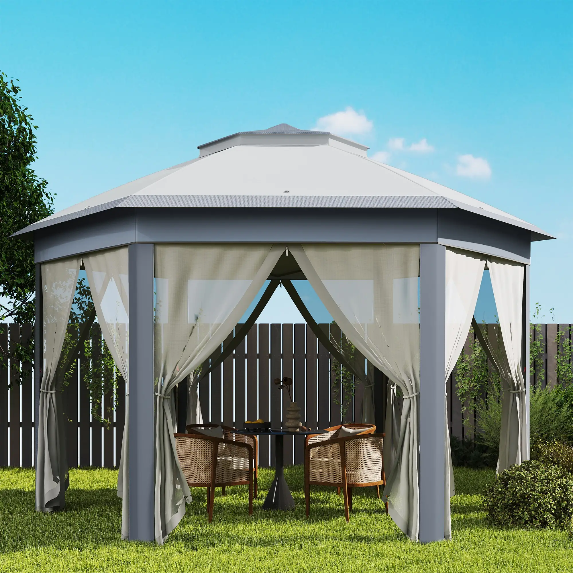 13' x 13' Hexagon Pop Up Canopy Tent, Netting, Carry Bag, Grey - Image 10
