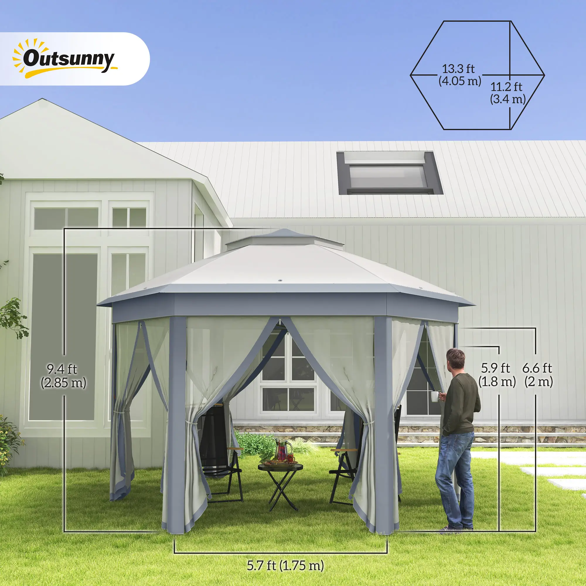 13' x 13' Hexagon Pop Up Canopy Tent, Netting, Carry Bag, Grey - Image 3