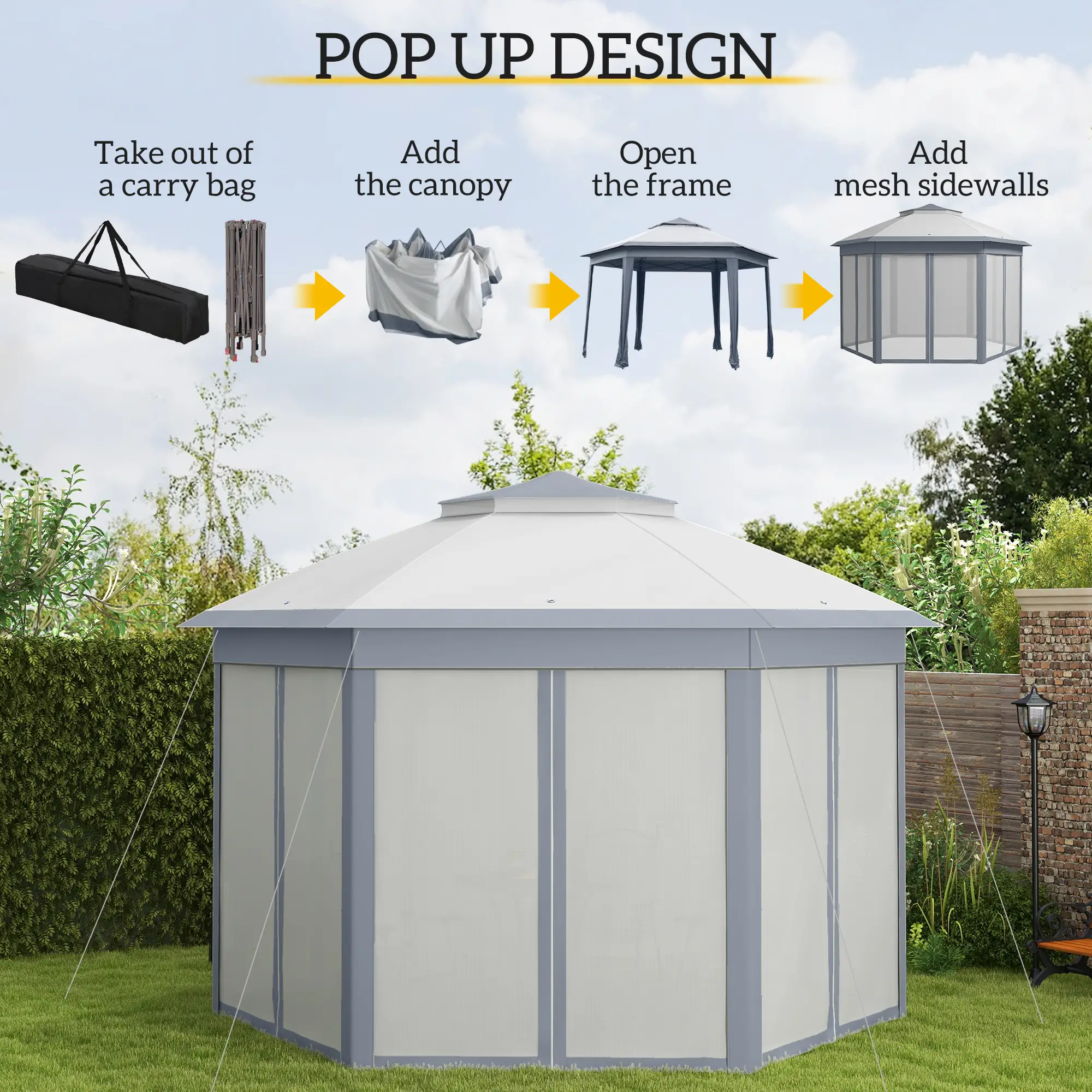13' x 13' Hexagon Pop Up Canopy Tent, Netting, Carry Bag, Grey - Image 4
