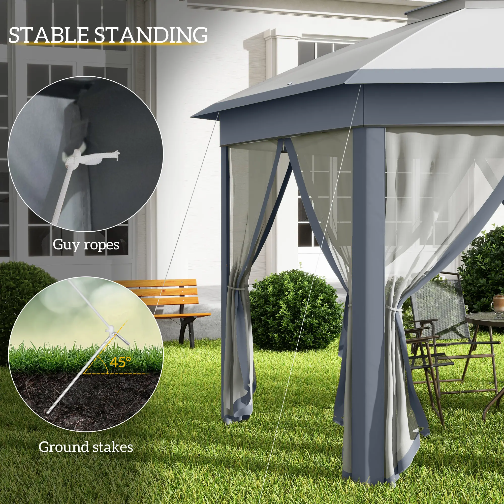 13' x 13' Hexagon Pop Up Canopy Tent, Netting, Carry Bag, Grey - Image 6