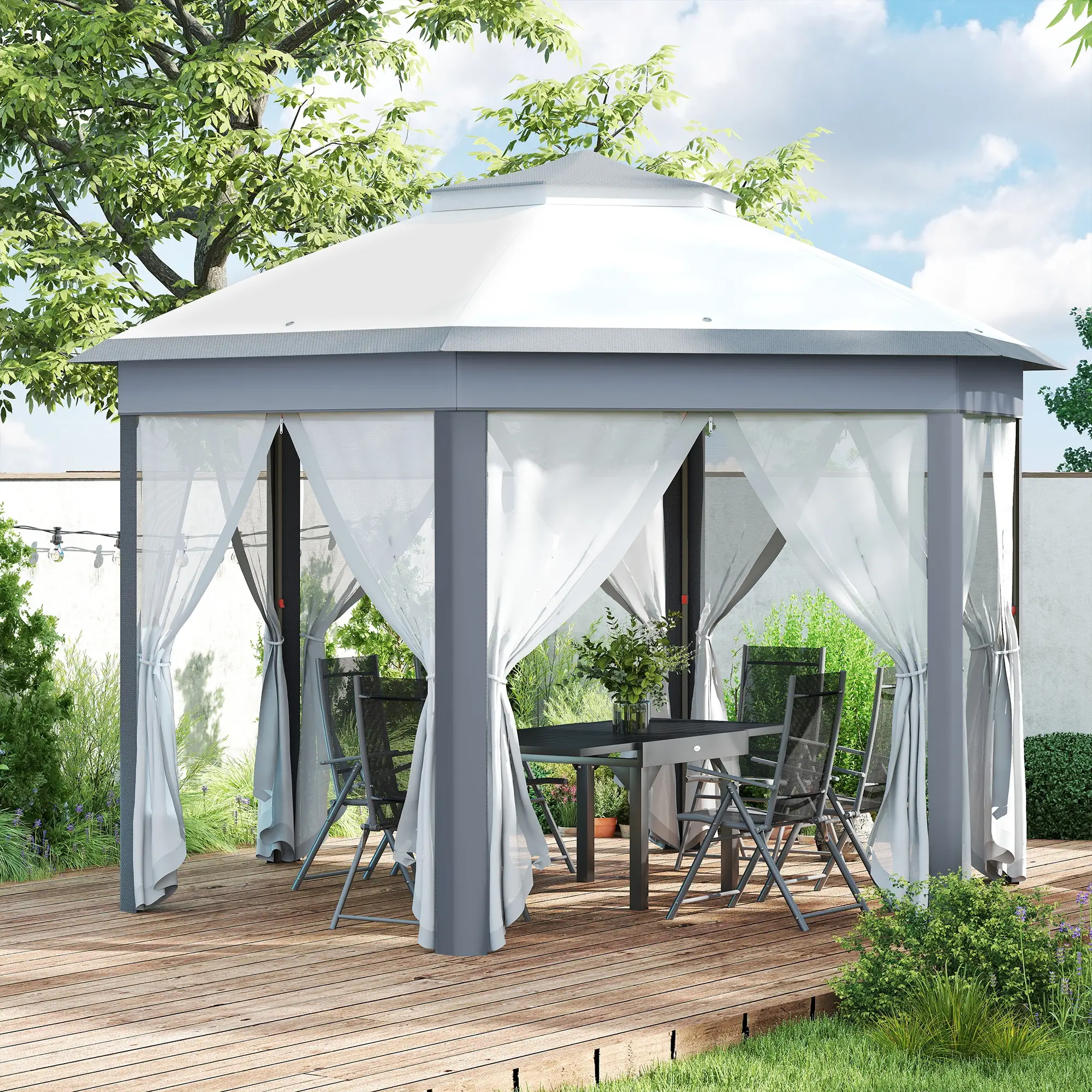 13' x 13' Hexagon Pop Up Canopy Tent, Netting, Carry Bag, Grey - Image 7