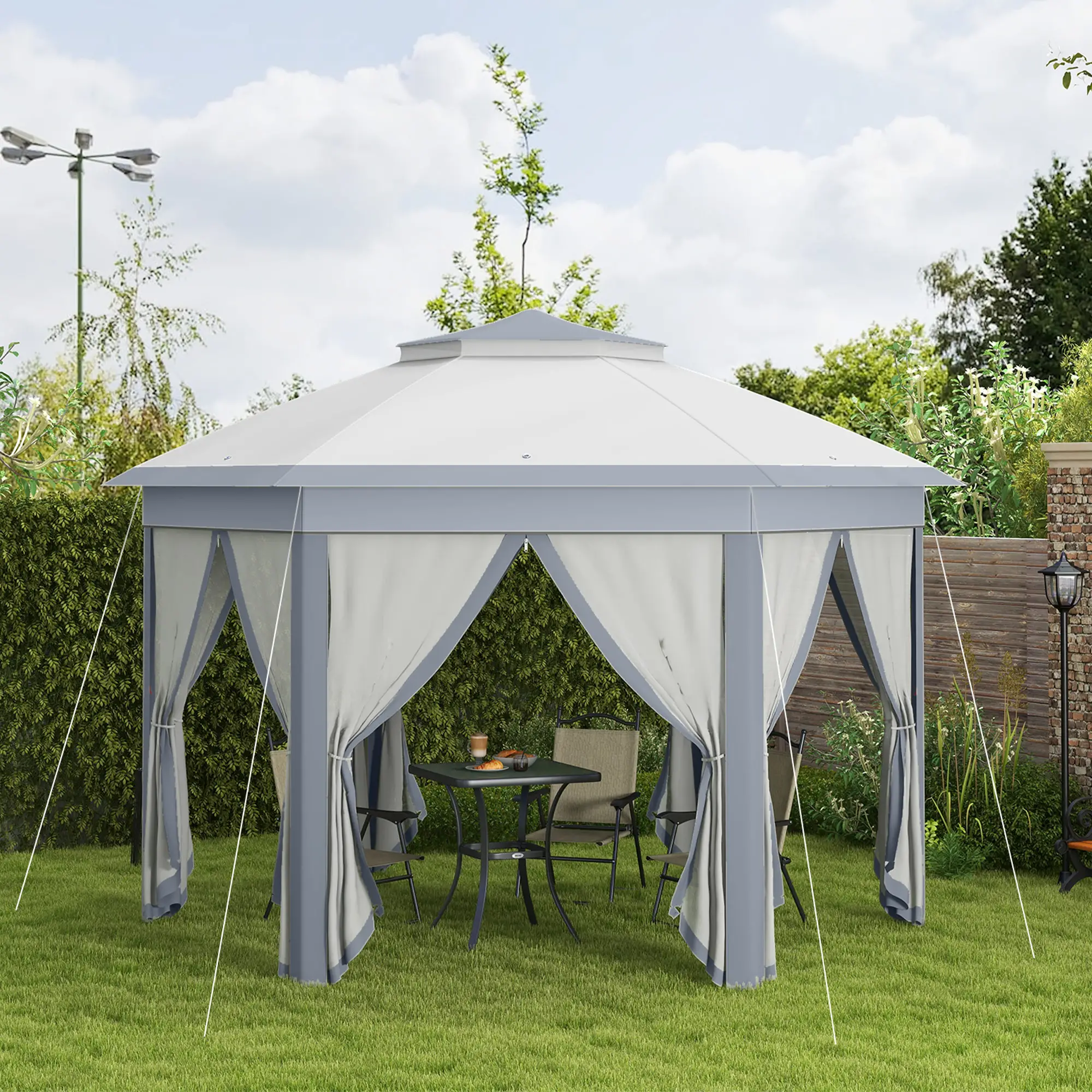 13' x 13' Hexagon Pop Up Canopy Tent, Netting, Carry Bag, Grey - Image 8