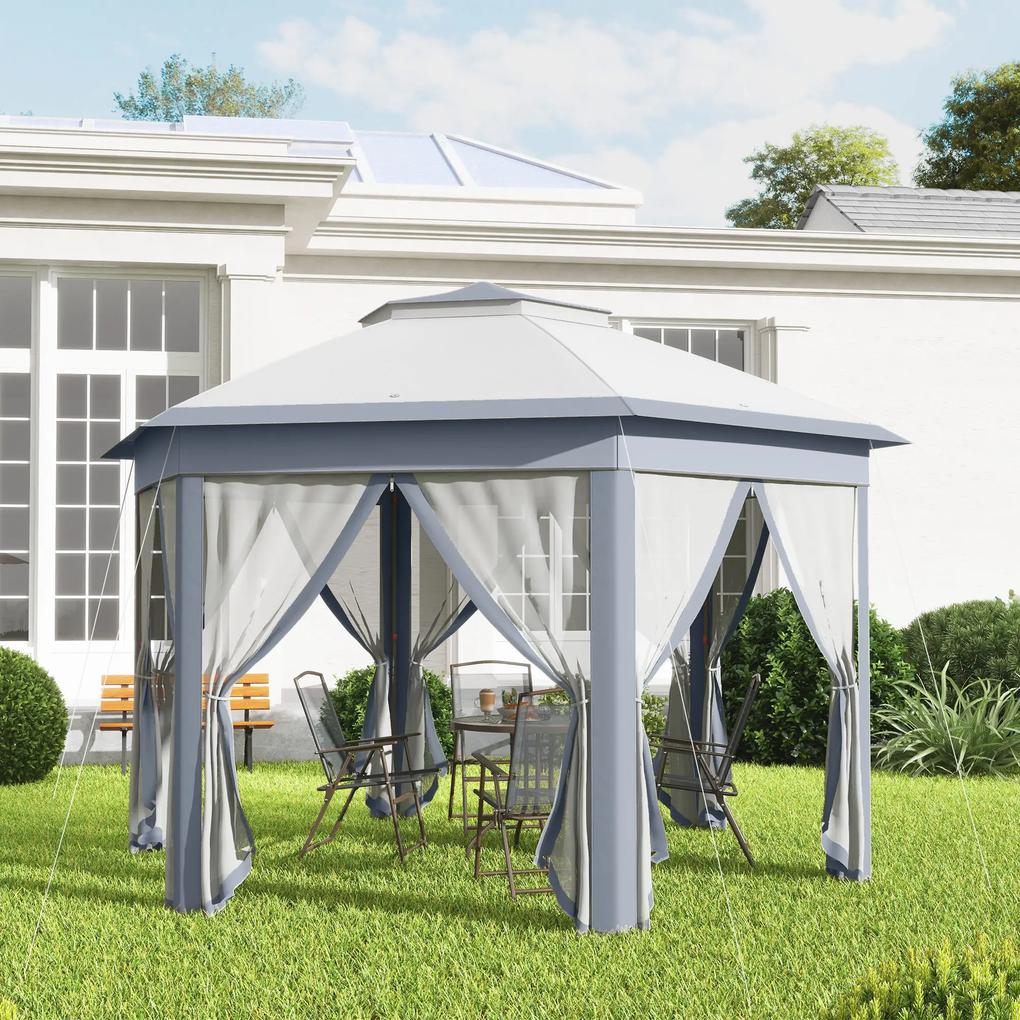 13' x 13' Hexagon Pop Up Canopy Tent, Netting, Carry Bag, Grey - Image 9