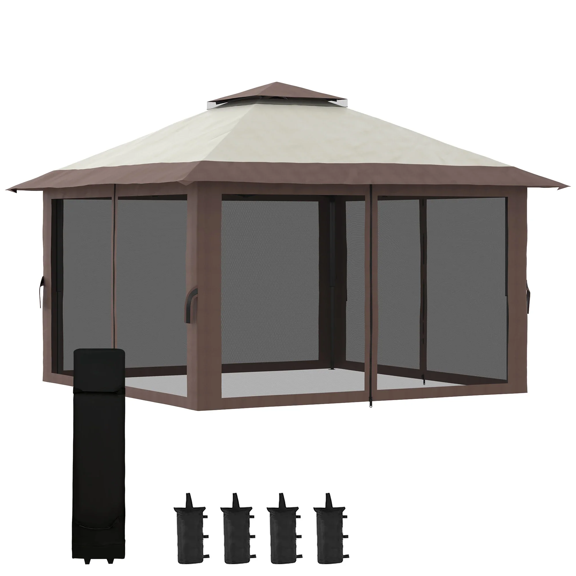13' x 13' Pop Up Canopy, 2-Tier Roof Tent with Net, Beige