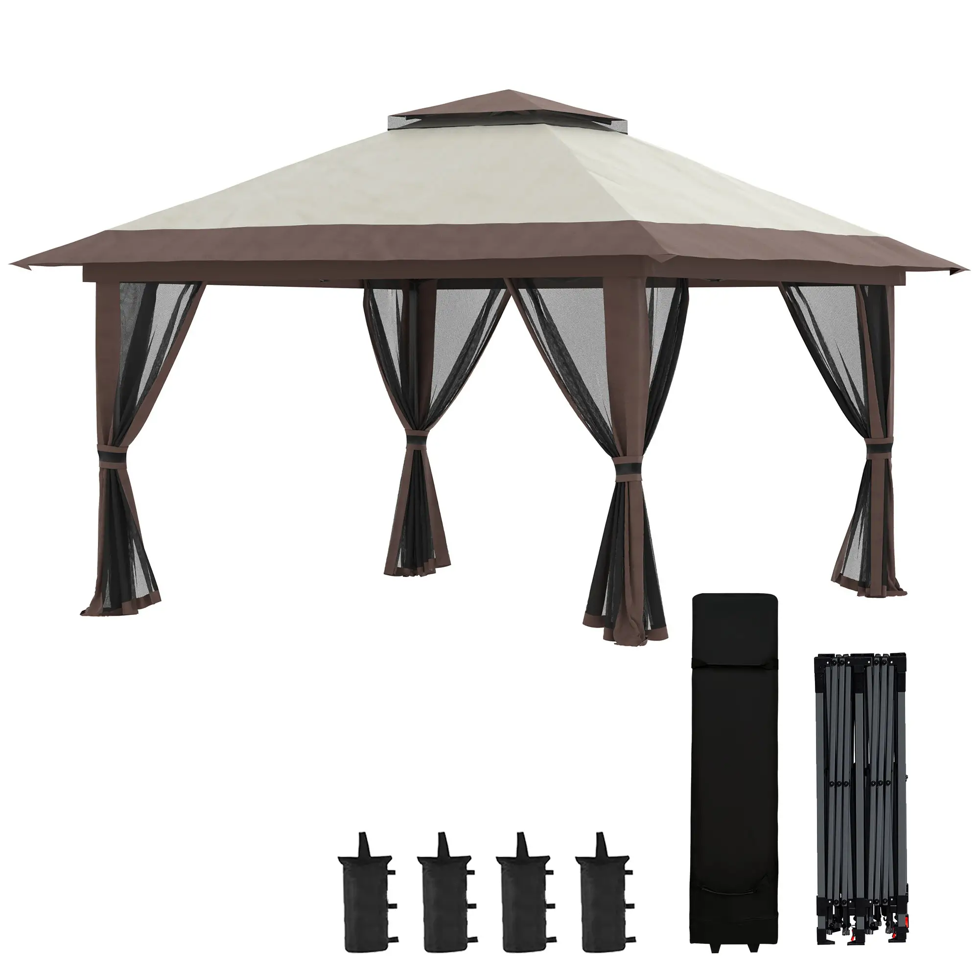 13' x 13' Pop Up Canopy, 2-Tier Roof Tent with Net, Beige - Image 11
